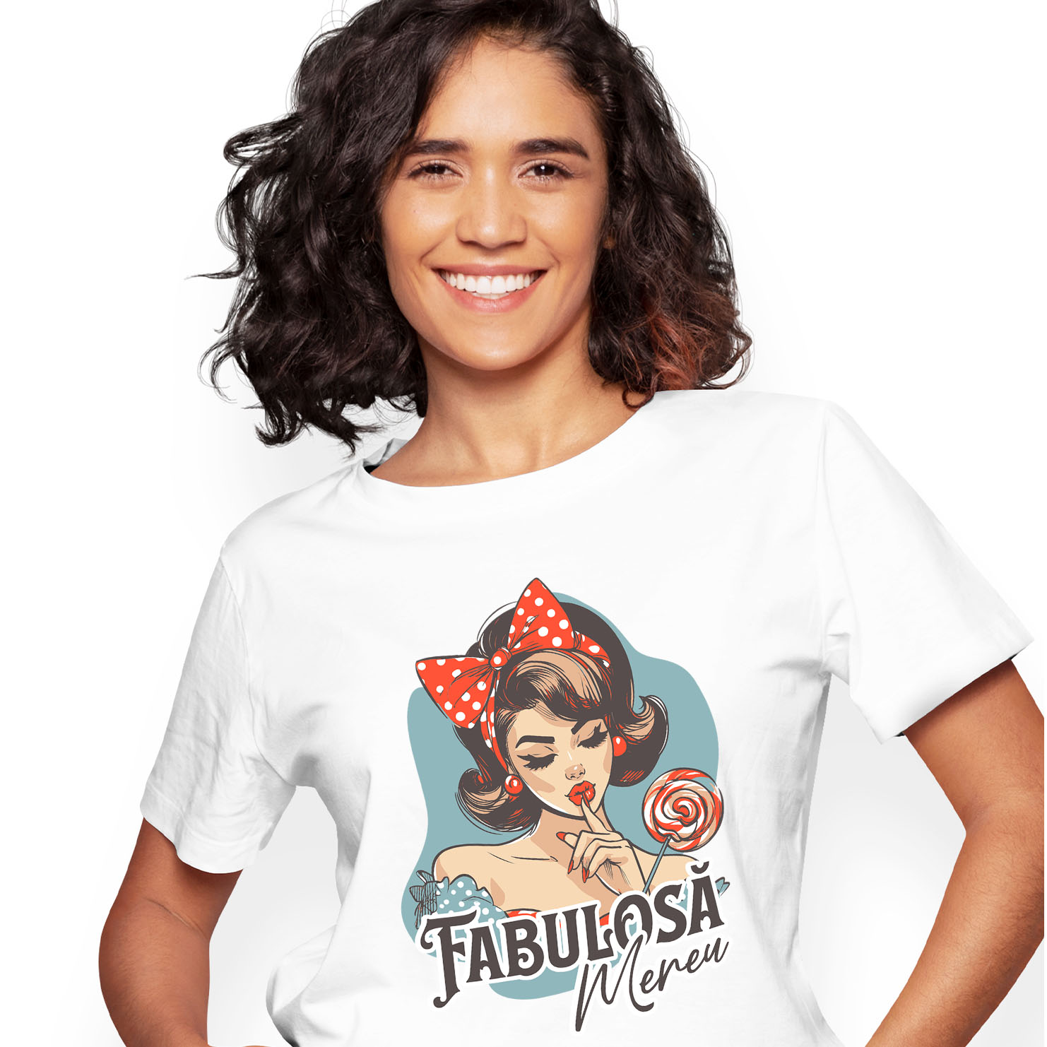 Retro - Tricou Femei, Barbati, Copii, Fata, Baiat, Unisex Personalizat Fată Retro cu Funda Roșie și Acadea - Cadou Personalizat Fabuloasă Mereu Încredere de Sine