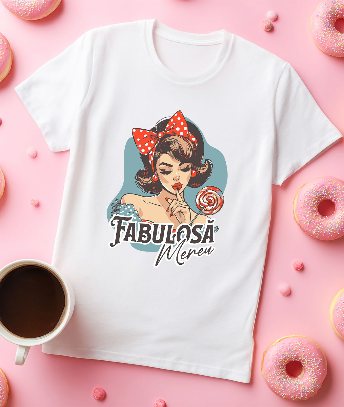 Tricou Femei, Barbati, Copii, Fata, Baiat, Unisex Personalizat Fată Retro cu Funda Roșie și Acadea - Cadou Personalizat Fabuloasă Mereu Încredere de Sine [2]