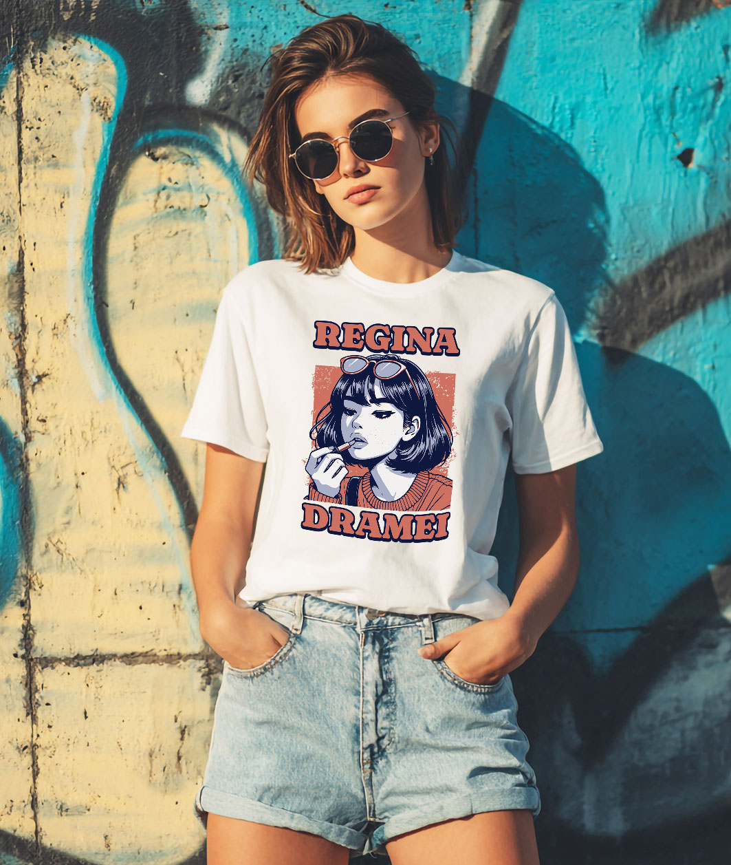 Tricou Femei, Barbati, Copii, Fata, Baiat, Unisex Personalizat Fata Modernă cu Breton și Ochelari de Soare - Cadou Personalizat „Regina Dramei” [1]