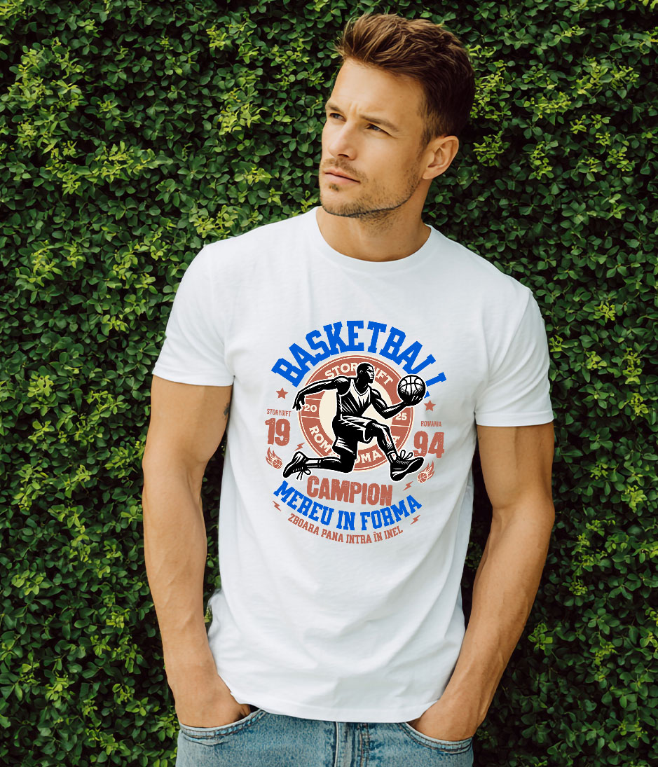 Tricou Femei, Barbati, Copii, Fata, Baiat, Unisex Personalizat Minge Baschet Motivational – Campion și Joc În Echipa Sportivă [1]