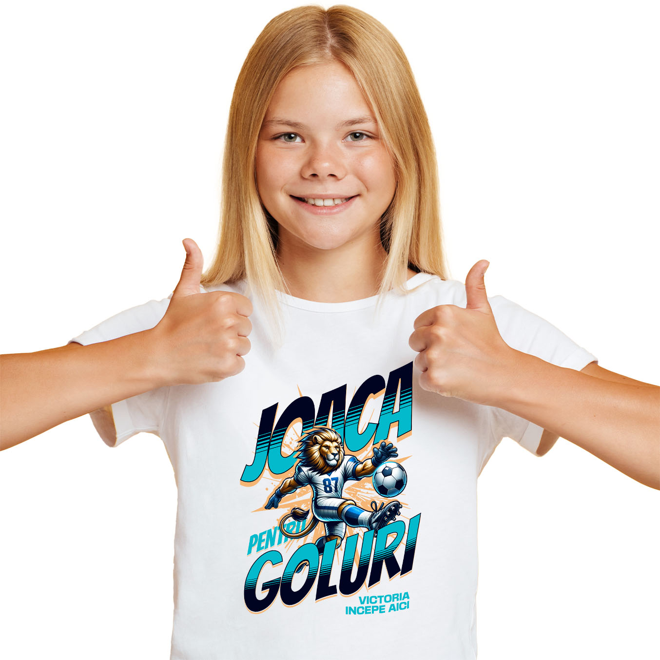 Tricou Femei, Barbati, Copii, Fata, Baiat, Unisex Personalizat Regele Leu Jucător Fotbal – Uniformă Albastră și Lovitură Minge Motivatională [1]