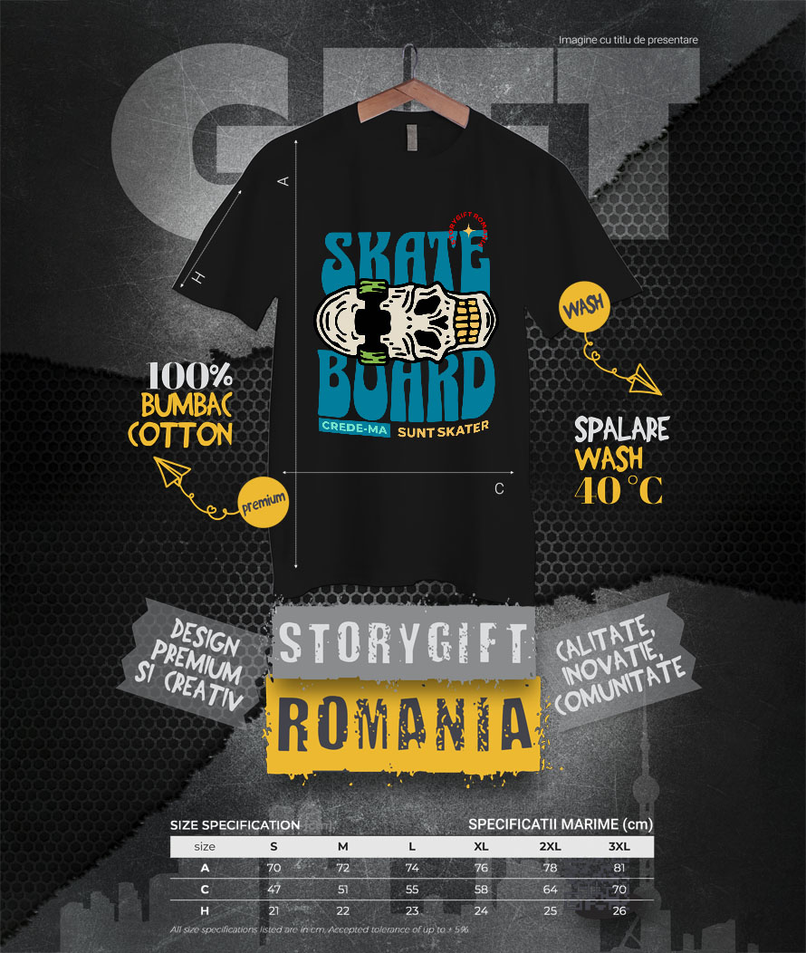 Tricou Femei, Barbati, Copii, Fata, Baiat, Unisex Personalizat Skateboard cu Craniu – Design Urban pentru Iubitorii de Adrenalină [3]