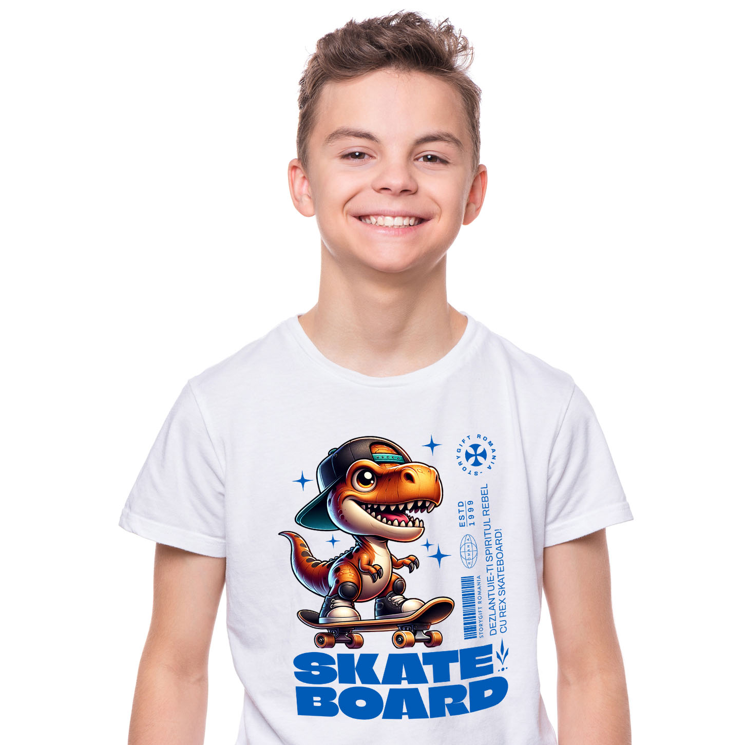 Tricou Femei, Barbati, Copii, Fata, Baiat, Unisex Personalizat Dinozaur Skateboard Cu Șapcă – Design Urban Vesel