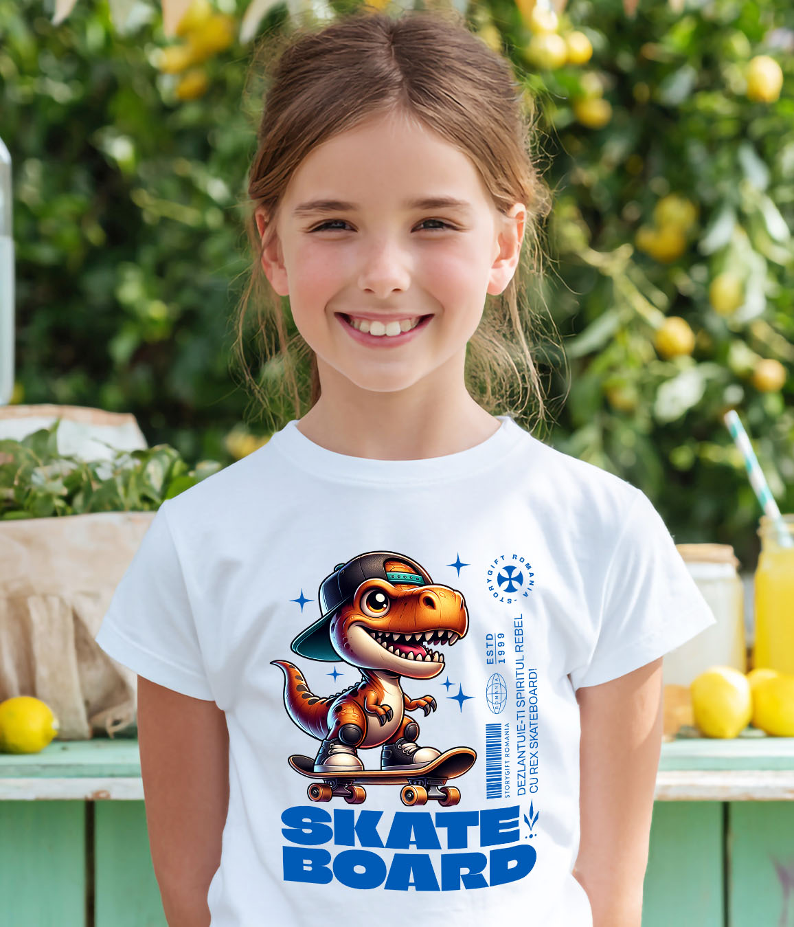 Tricou Femei, Barbati, Copii, Fata, Baiat, Unisex Personalizat Dinozaur Skateboard Cu Șapcă – Design Urban Vesel [3]