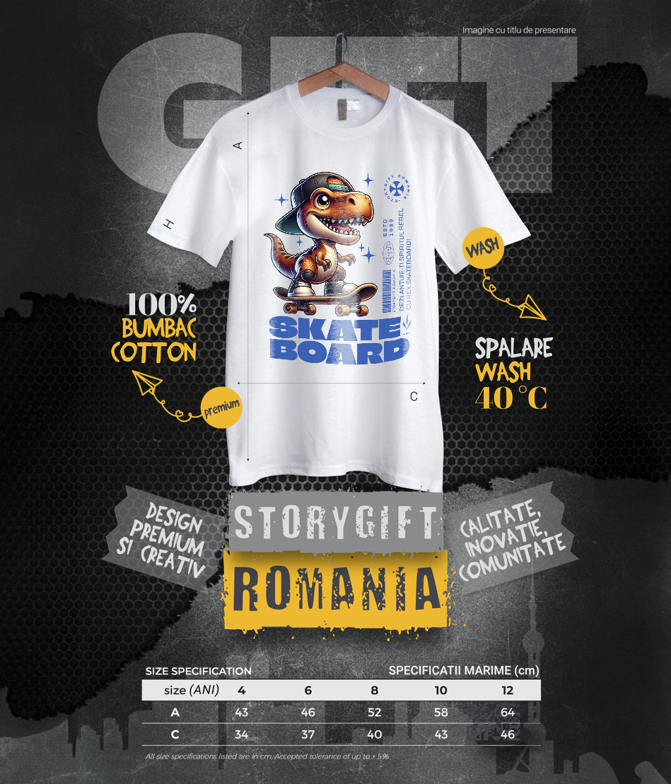 Tricou Femei, Barbati, Copii, Fata, Baiat, Unisex Personalizat Dinozaur Skateboard Cu Șapcă – Design Urban Vesel [5]