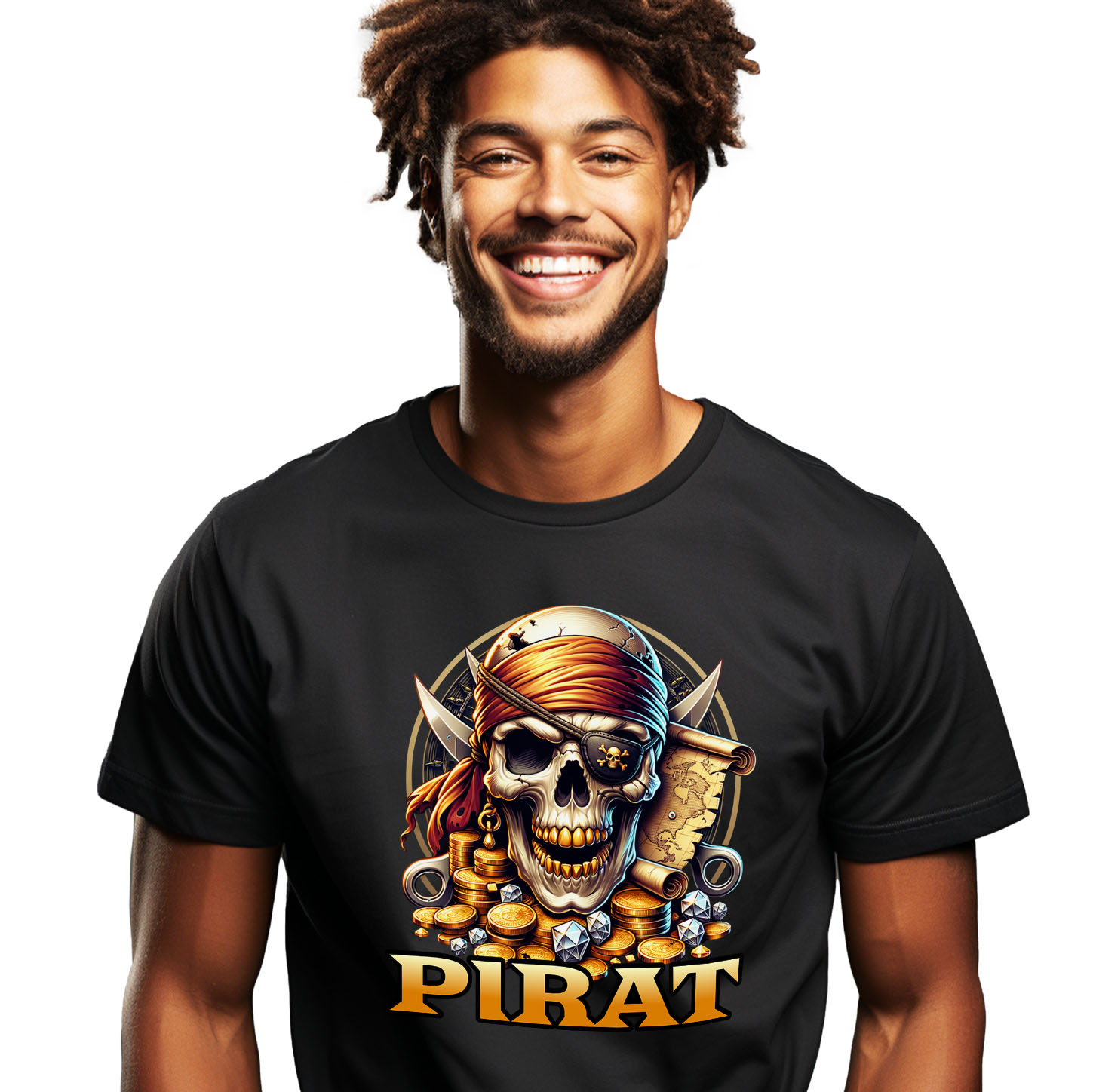 SuperEroi si Personaje TV - Tricou Femei, Barbati, Copii, Fata, Baiat, Unisex Personalizat Craniu Pirat cu Dinti de Aur, Bandana și Monede - Cadou pentru Iubitorii de Pirati