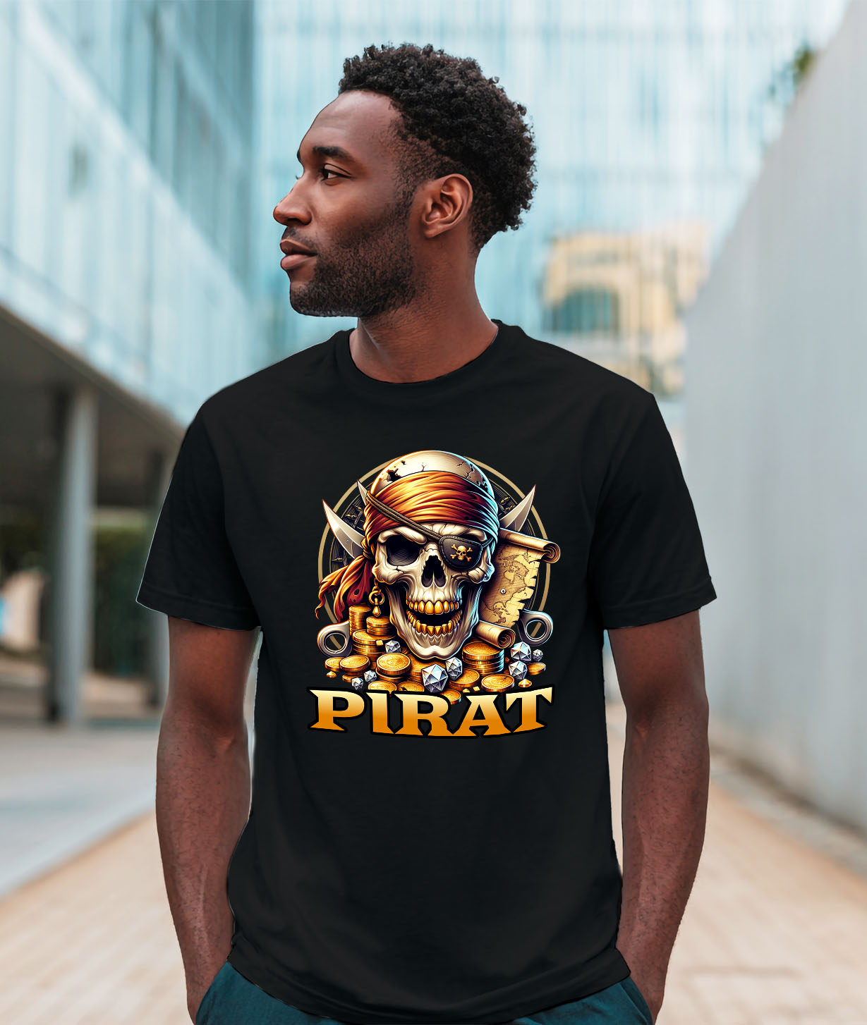 Tricou Femei, Barbati, Copii, Fata, Baiat, Unisex Personalizat Craniu Pirat cu Dinti de Aur, Bandana și Monede - Cadou pentru Iubitorii de Pirati [1]