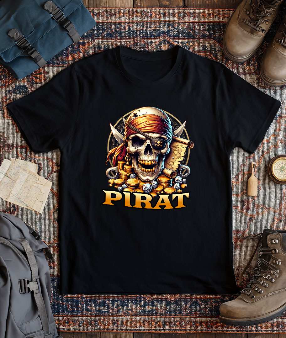 Tricou Femei, Barbati, Copii, Fata, Baiat, Unisex Personalizat Craniu Pirat cu Dinti de Aur, Bandana și Monede - Cadou pentru Iubitorii de Pirati [2]