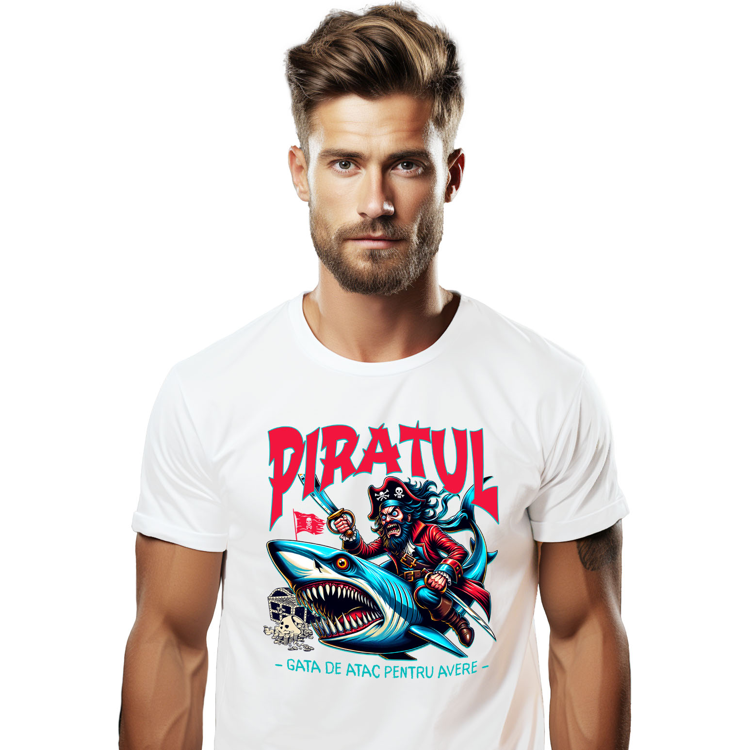 SuperEroi si Personaje TV - Tricou Femei, Barbati, Copii, Fata, Baiat, Unisex Personalizat Pirat Nervos pe Rechin cu Sabie - Cadou Personalizat pentru Copii și Tati