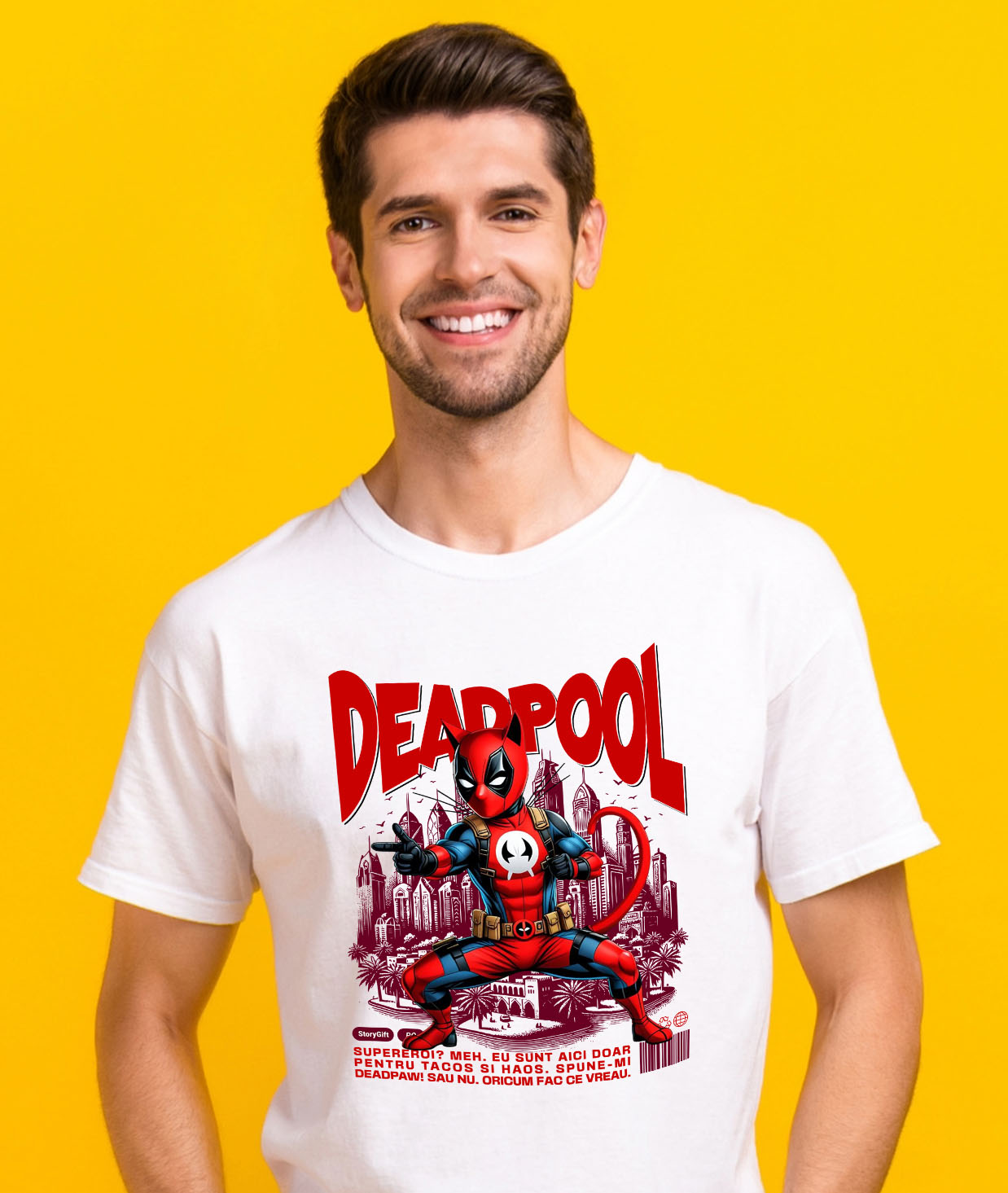 Tricou Femei, Barbati, Copii, Fata, Baiat, Unisex Personalizat Pisică Siameză în Costum Deadpool – Supererou Amuzant pentru Iubitorii de Animale [1]