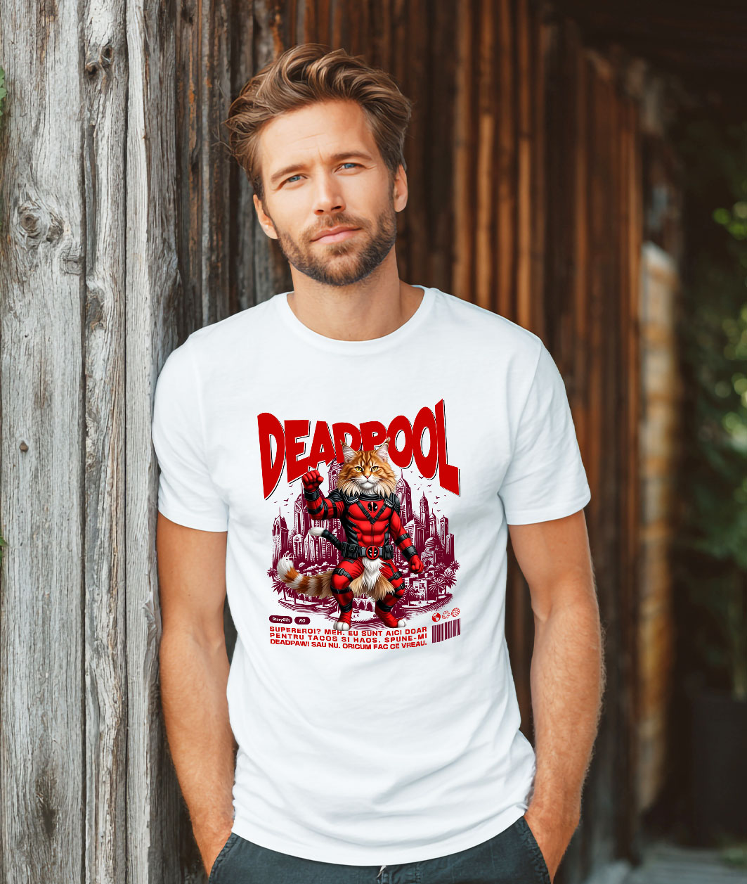 Tricou Femei, Barbati, Copii, Fata, Baiat, Unisex Personalizat Pisică Maine Coon în Costum Deadpool – Supererou Amuzant și Personalizat [1]