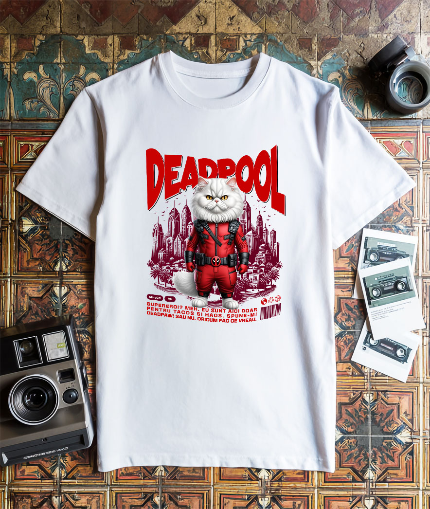 Tricou Femei, Barbati, Copii, Fata, Baiat, Unisex Personalizat Pisică Persană în Costum Deadpool – Supererou Haioș și Personalizat [2]