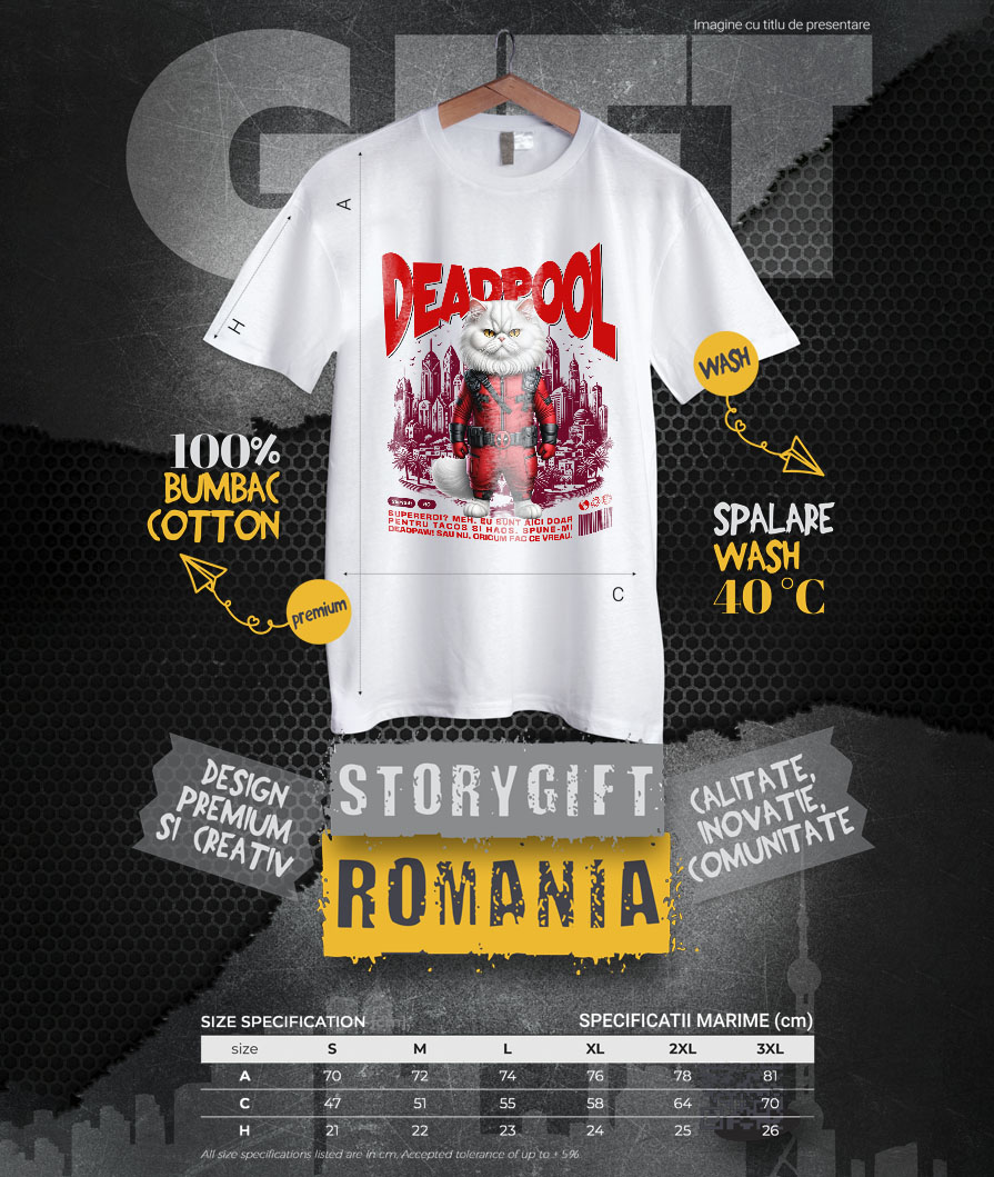 Tricou Femei, Barbati, Copii, Fata, Baiat, Unisex Personalizat Pisică Persană în Costum Deadpool – Supererou Haioș și Personalizat [3]