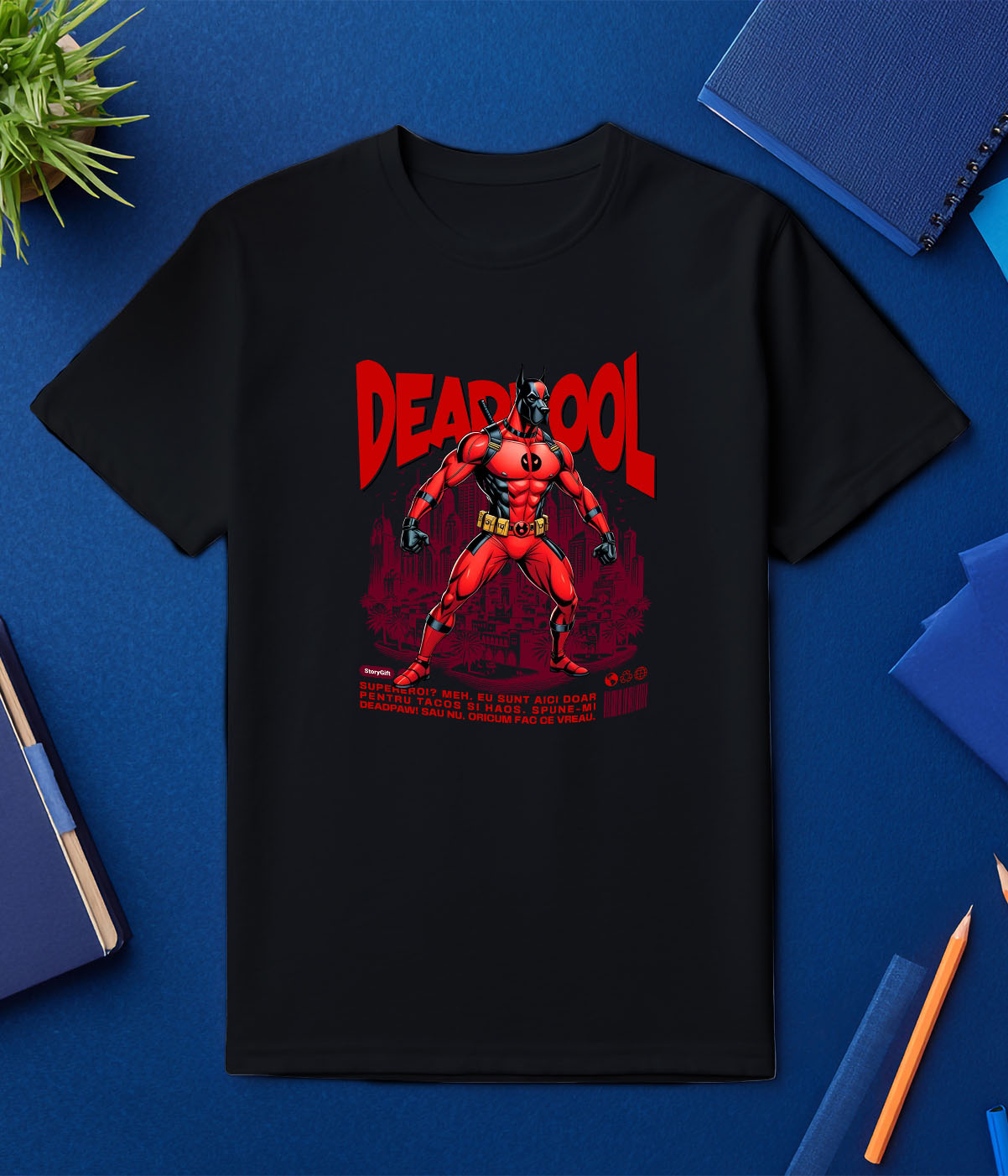 Tricou Femei, Barbati, Copii, Fata, Baiat, Unisex Personalizat Dog German în Costum Deadpool – Câine Supererou Amuzant și Personalizat [2]