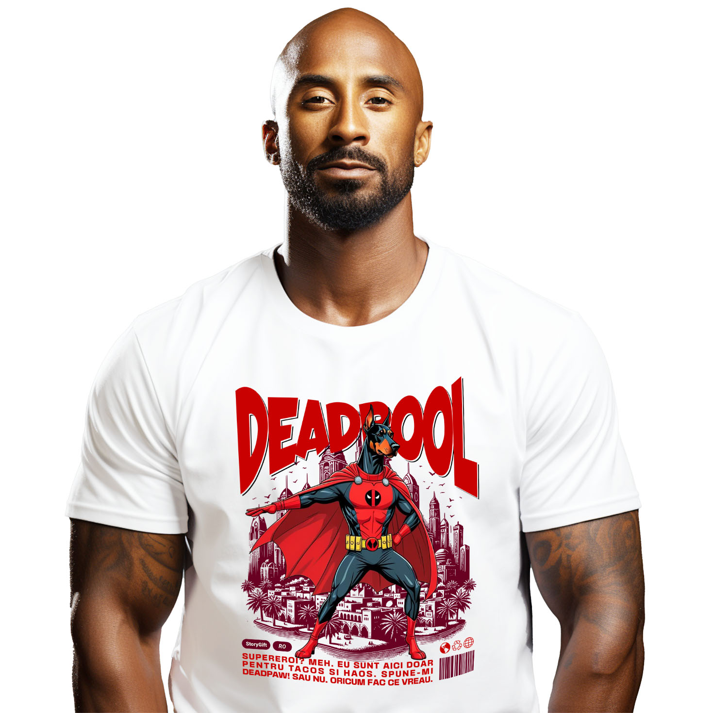 Tricou Femei, Barbati, Copii, Fata, Baiat, Unisex Personalizat Doberman în Costum Deadpool – Câine Supererou Personalizat și Amuzant