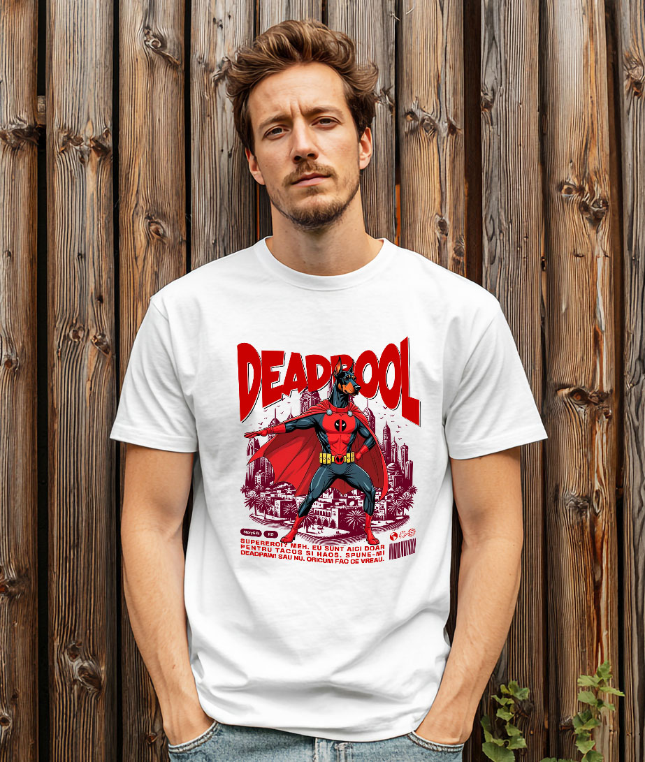 Tricou Femei, Barbati, Copii, Fata, Baiat, Unisex Personalizat Doberman în Costum Deadpool – Câine Supererou Personalizat și Amuzant [1]