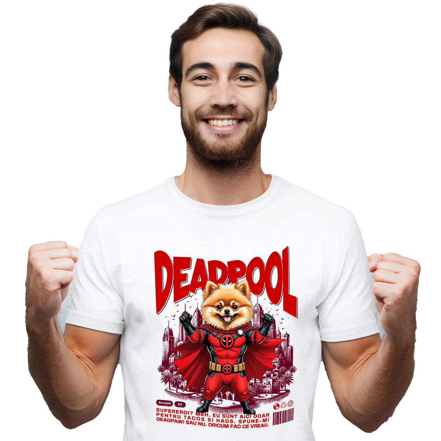 Tricou Femei, Barbati, Copii, Fata, Baiat, Unisex Personalizat Pomeranian în Costum Deadpool – Câine Supererou Amuzant și Personalizat