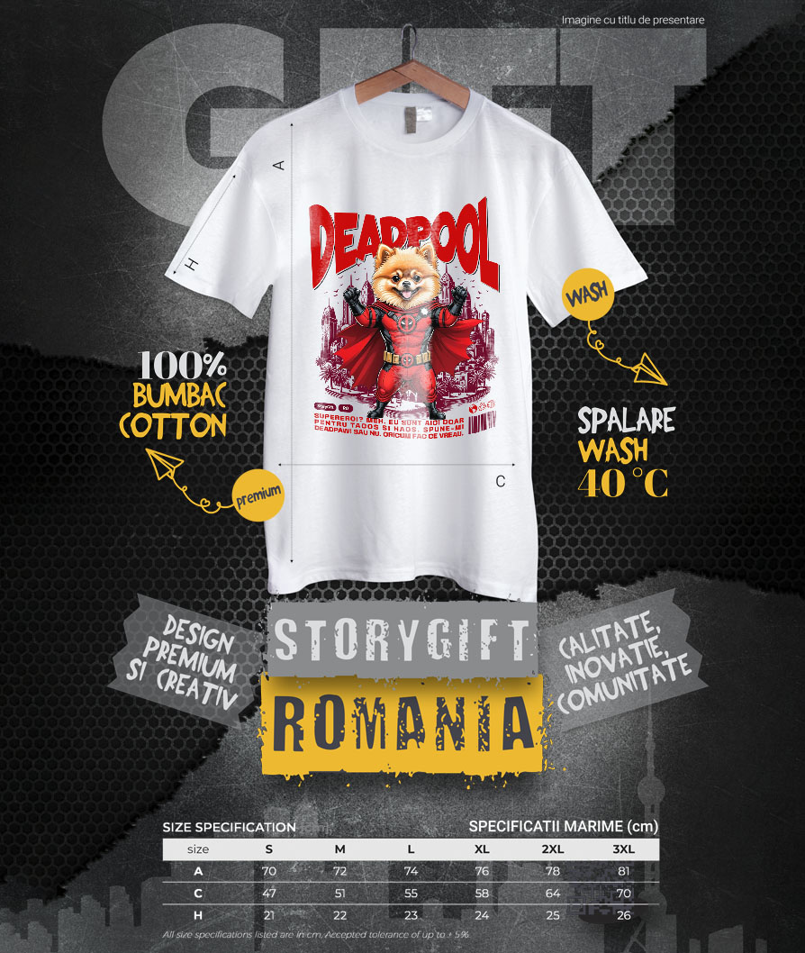 Tricou Femei, Barbati, Copii, Fata, Baiat, Unisex Personalizat Pomeranian în Costum Deadpool – Câine Supererou Amuzant și Personalizat [3]