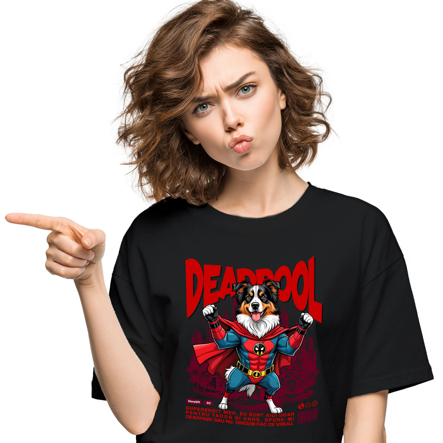 Tricou Femei, Barbati, Copii, Fata, Baiat, Unisex Personalizat Ciobănesc Australian în Costum Deadpool – Câine Supererou Amuzant și Personalizat