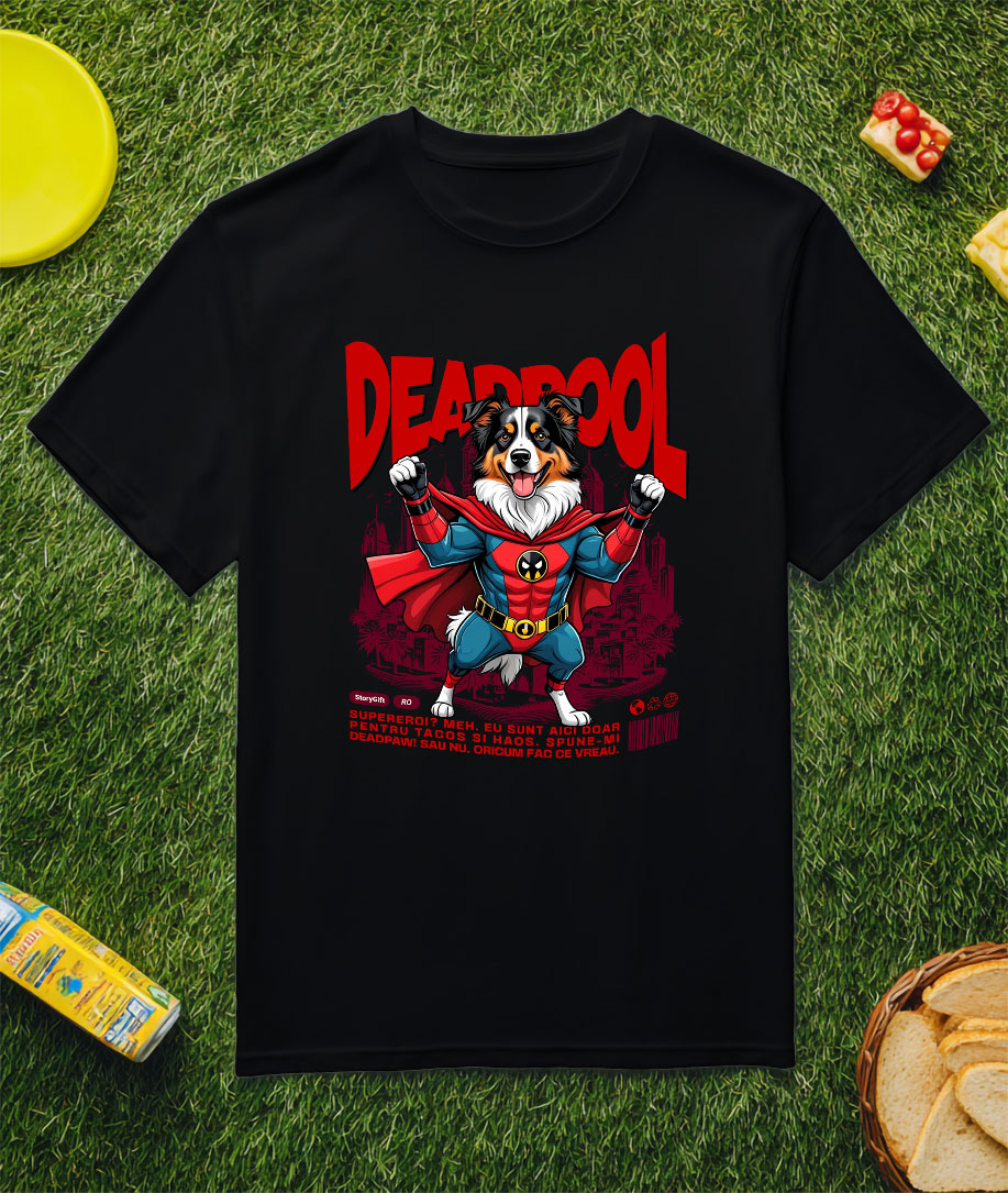 Tricou Femei, Barbati, Copii, Fata, Baiat, Unisex Personalizat Ciobănesc Australian în Costum Deadpool – Câine Supererou Amuzant și Personalizat [2]