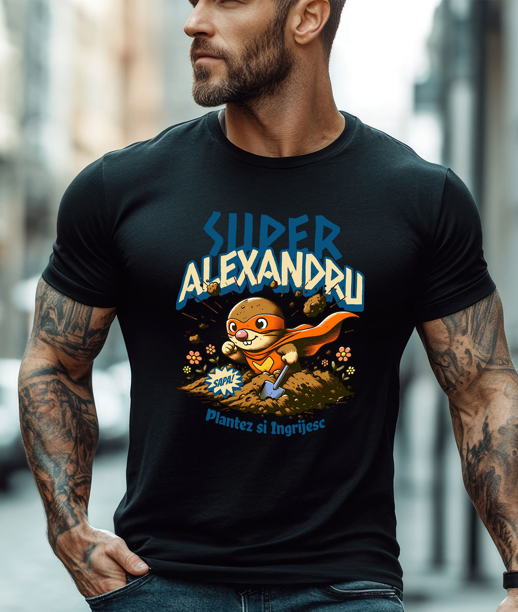 Tricou Femei, Barbati, Copii, Fata, Baiat, Unisex Personalizat Cârtița Cu Mască Și Pelerină Roșie Super Erou – Cadou Personalizat Pentru Alexandru [1]