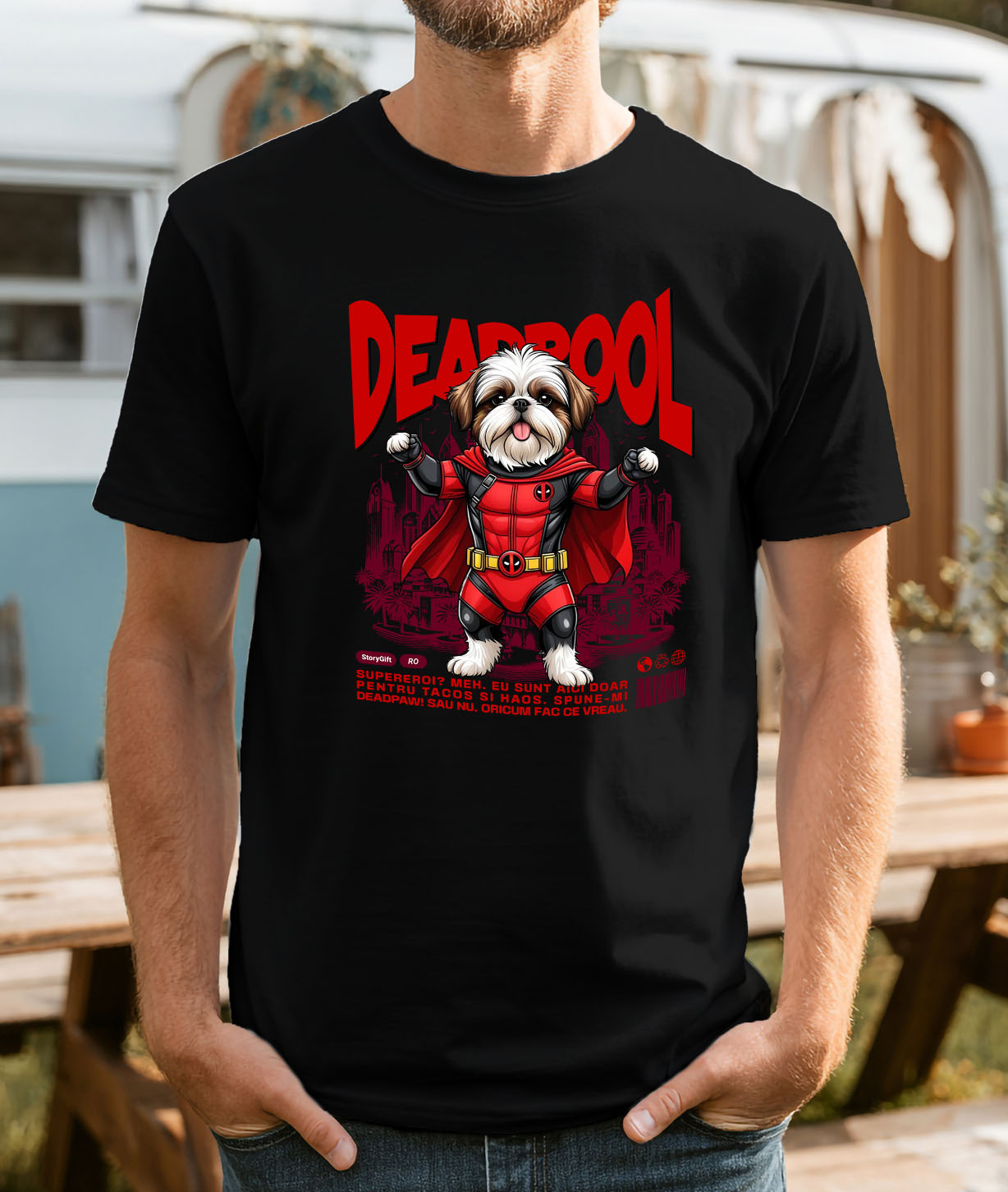 Tricou Femei, Barbati, Copii, Fata, Baiat, Unisex Personalizat Shih Tzu în Costum Deadpool – Câine Supererou Amuzant și Personalizat [1]