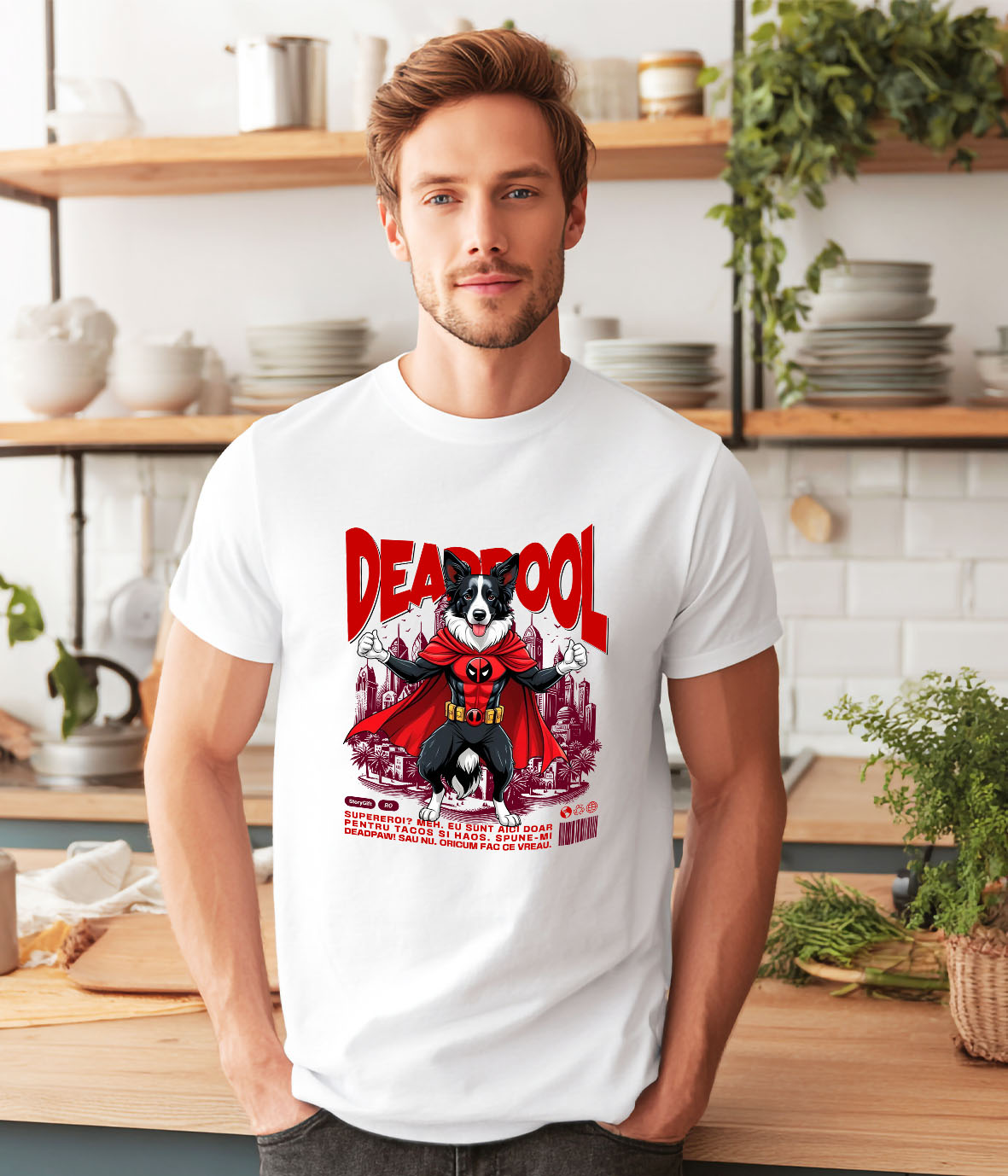 Tricou Femei, Barbati, Copii, Fata, Baiat, Unisex Personalizat Husky Siberian în Costum Deadpool - Cadou Personalizat pentru Copii și Familie [1]