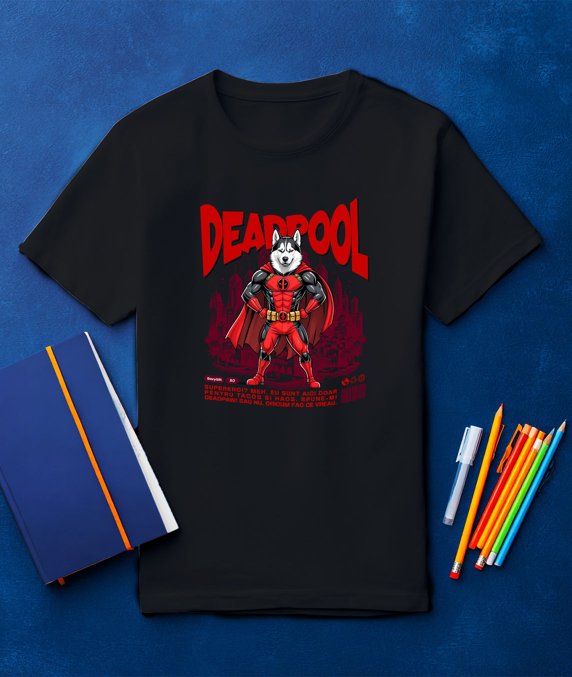 Tricou Femei, Barbati, Copii, Fata, Baiat, Unisex Personalizat Husky Siberian în Costum Deadpool - Cadou Personalizat pentru Copii și Familie [2]