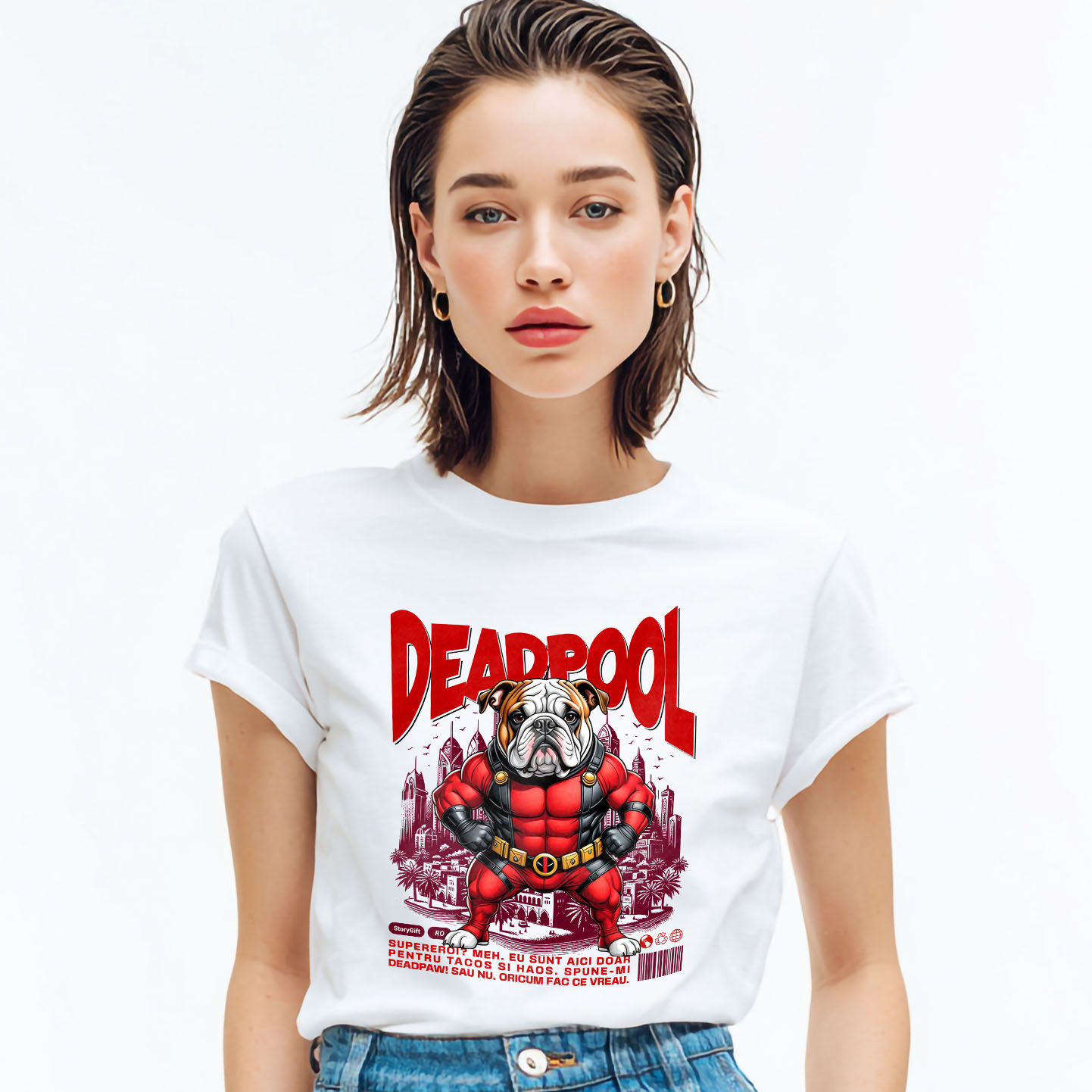 Tricou Femei, Barbati, Copii, Fata, Baiat, Unisex Personalizat Bulldog în Costum Deadpool - Cadou Personalizat pentru Copii și Familie