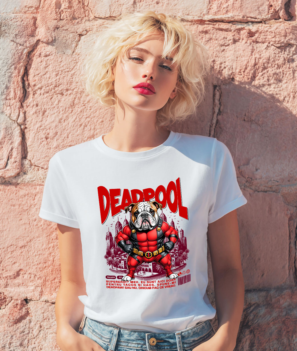 Tricou Femei, Barbati, Copii, Fata, Baiat, Unisex Personalizat Bulldog în Costum Deadpool - Cadou Personalizat pentru Copii și Familie [1]