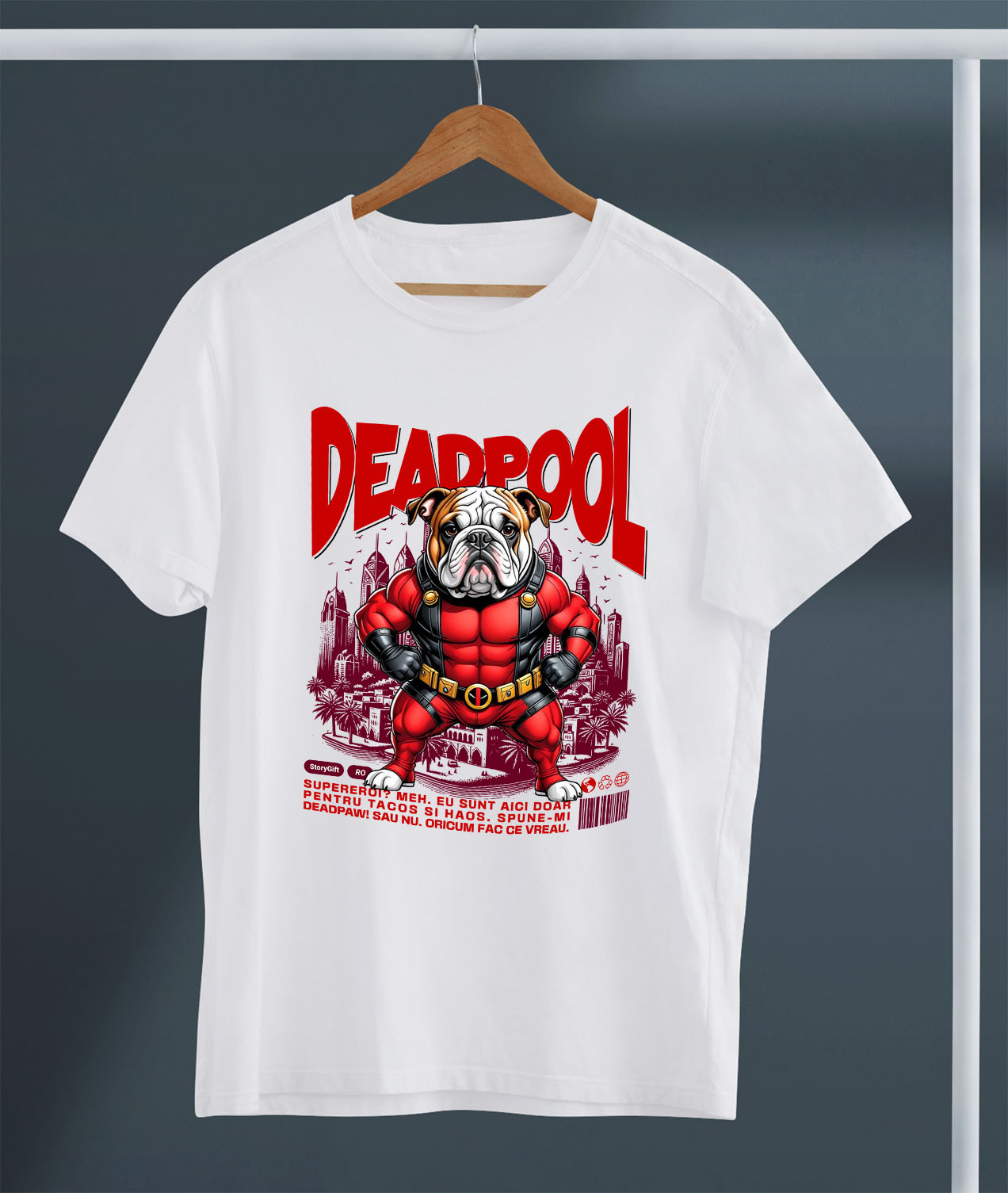 Tricou Femei, Barbati, Copii, Fata, Baiat, Unisex Personalizat Bulldog în Costum Deadpool - Cadou Personalizat pentru Copii și Familie [2]