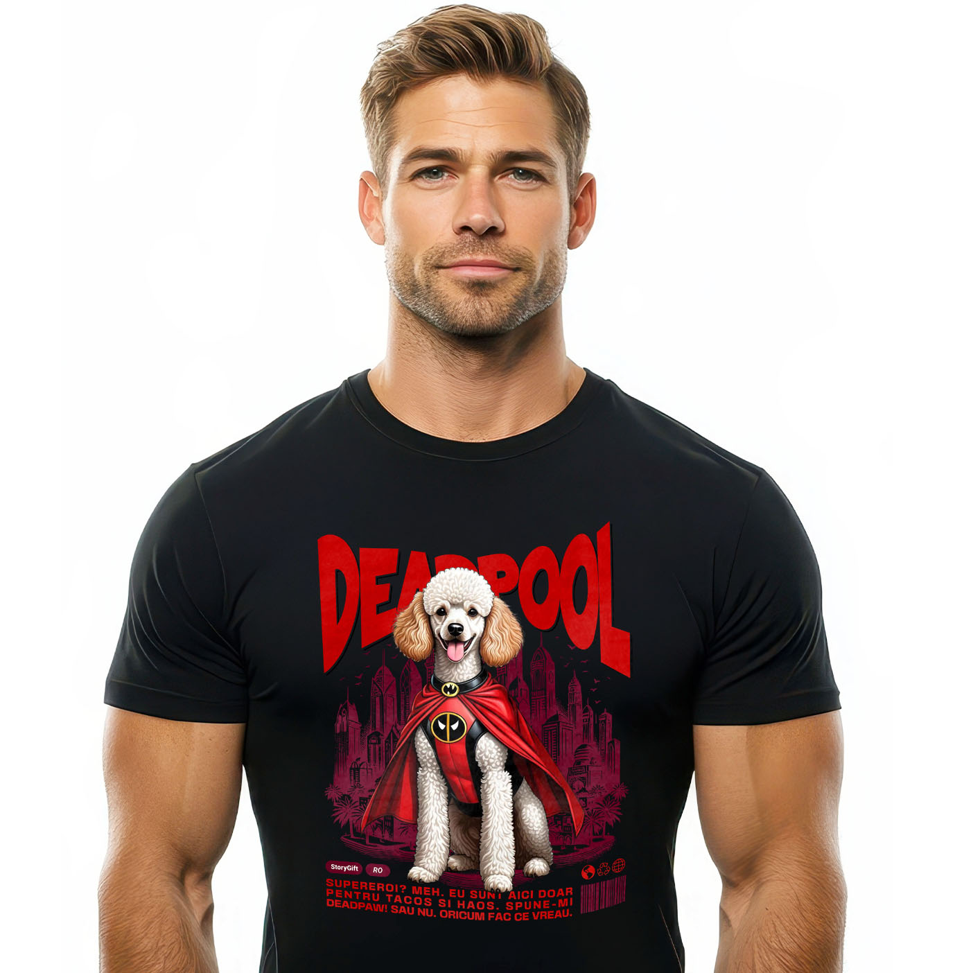 Tricou Femei, Barbati, Copii, Fata, Baiat, Unisex Personalizat Pudel în Costum Deadpool - Cadou Personalizat pentru Copii și Familie
