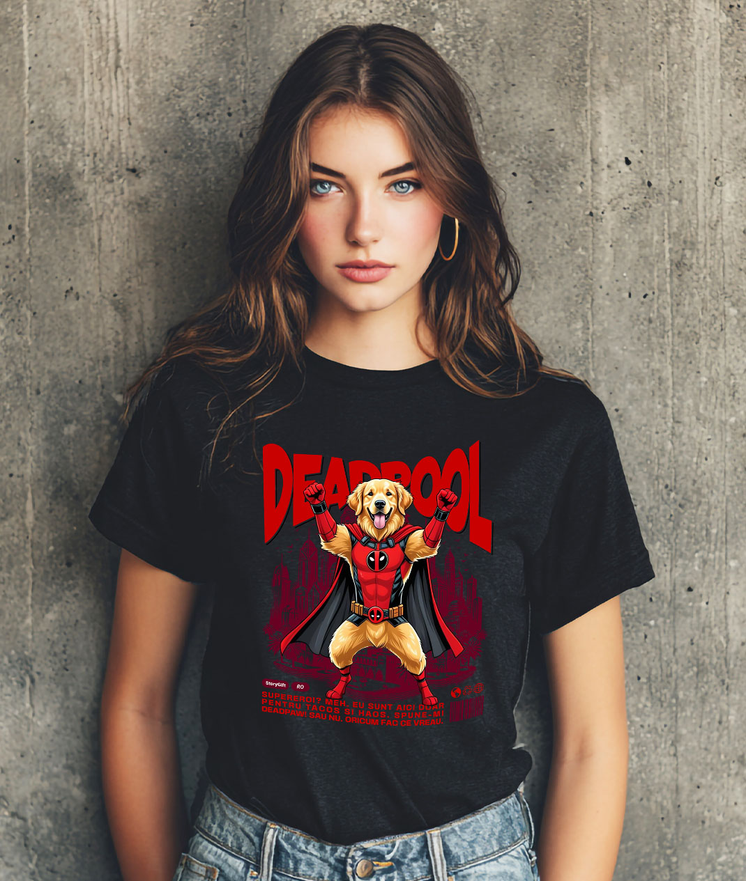 Tricou Femei, Barbati, Copii, Fata, Baiat, Unisex Personalizat Golden Retriever în Costum Deadpool - Cadou Personalizat pentru Copii și Familie [1]