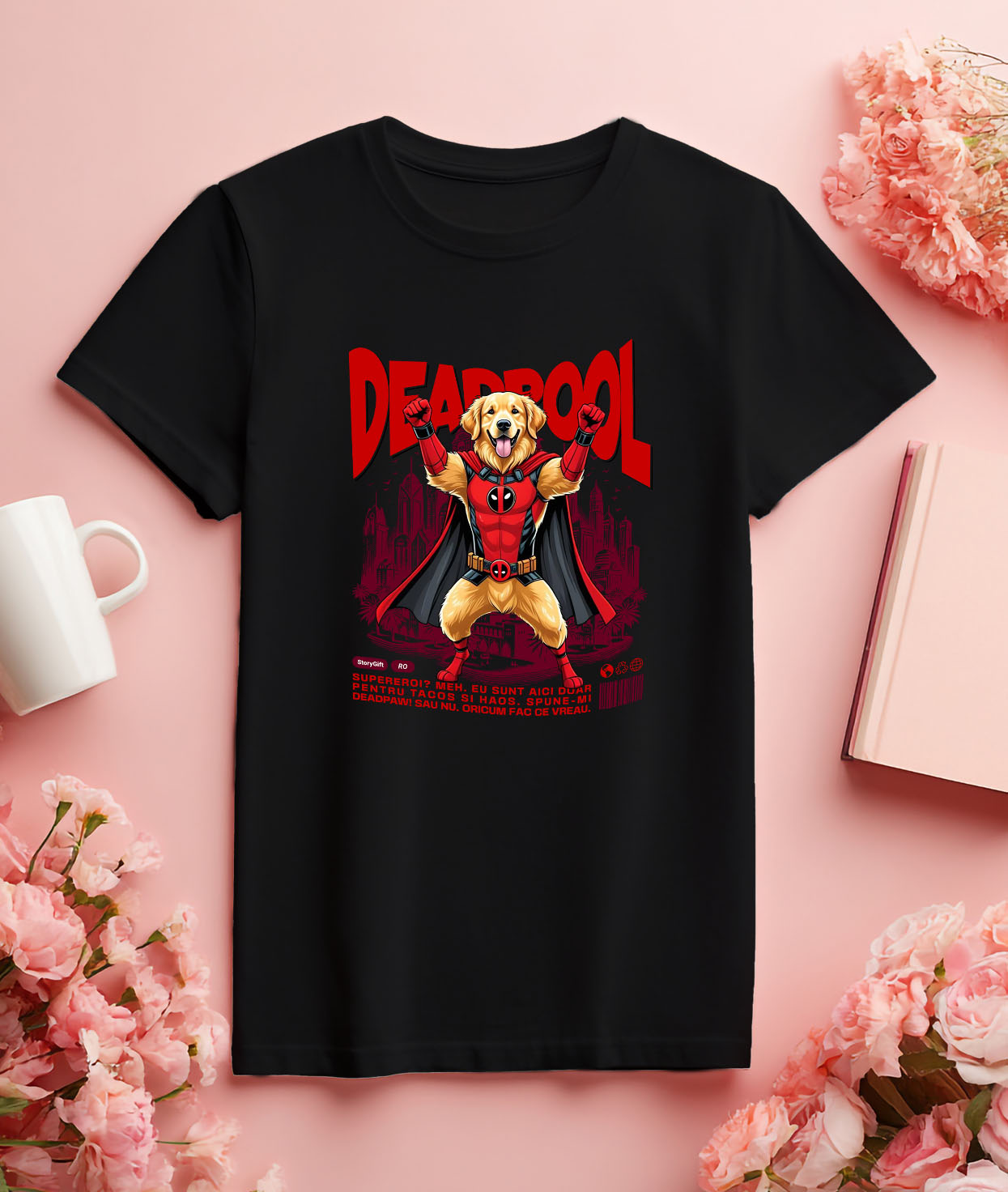 Tricou Femei, Barbati, Copii, Fata, Baiat, Unisex Personalizat Golden Retriever în Costum Deadpool - Cadou Personalizat pentru Copii și Familie [2]