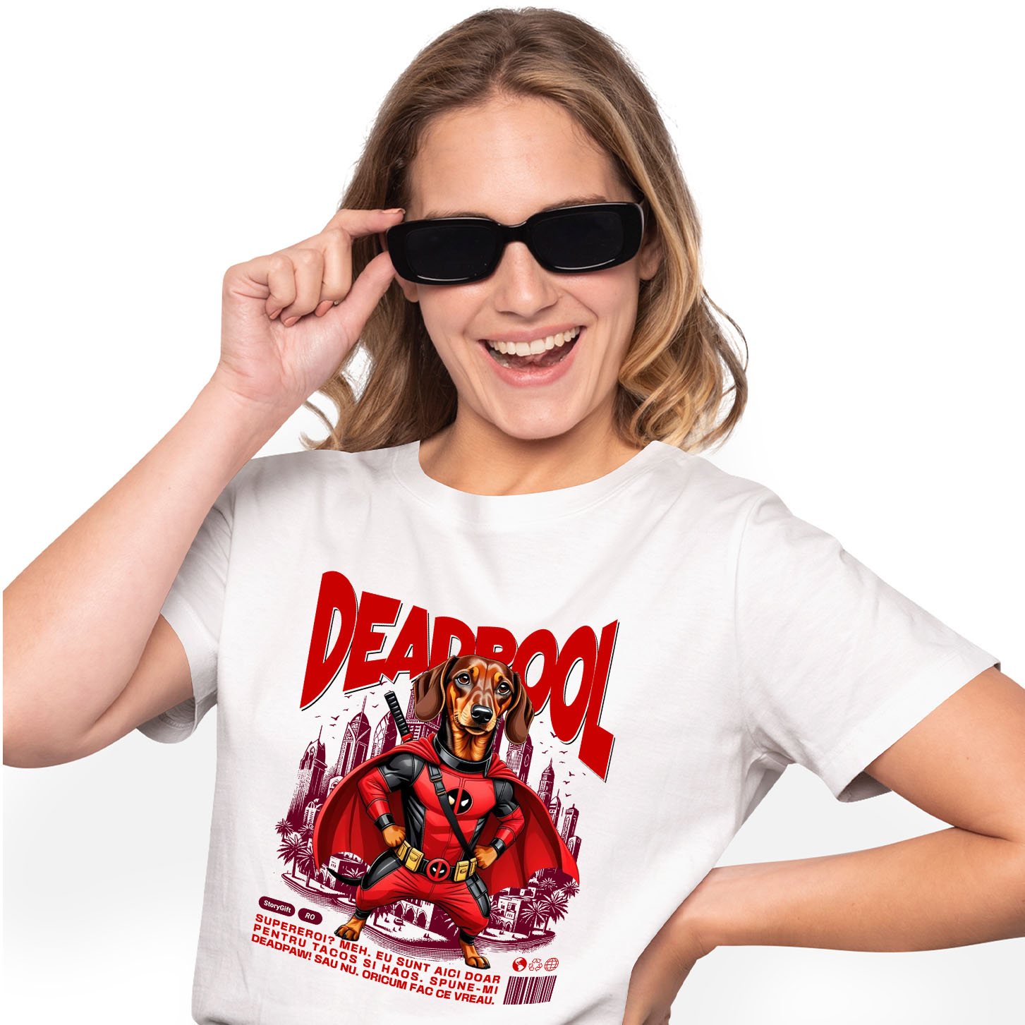 Tricou Femei, Barbati, Copii, Fata, Baiat, Unisex Personalizat Teckel / Dachshund în Costum Deadpool - Cadou Personalizat pentru Copii și Familie