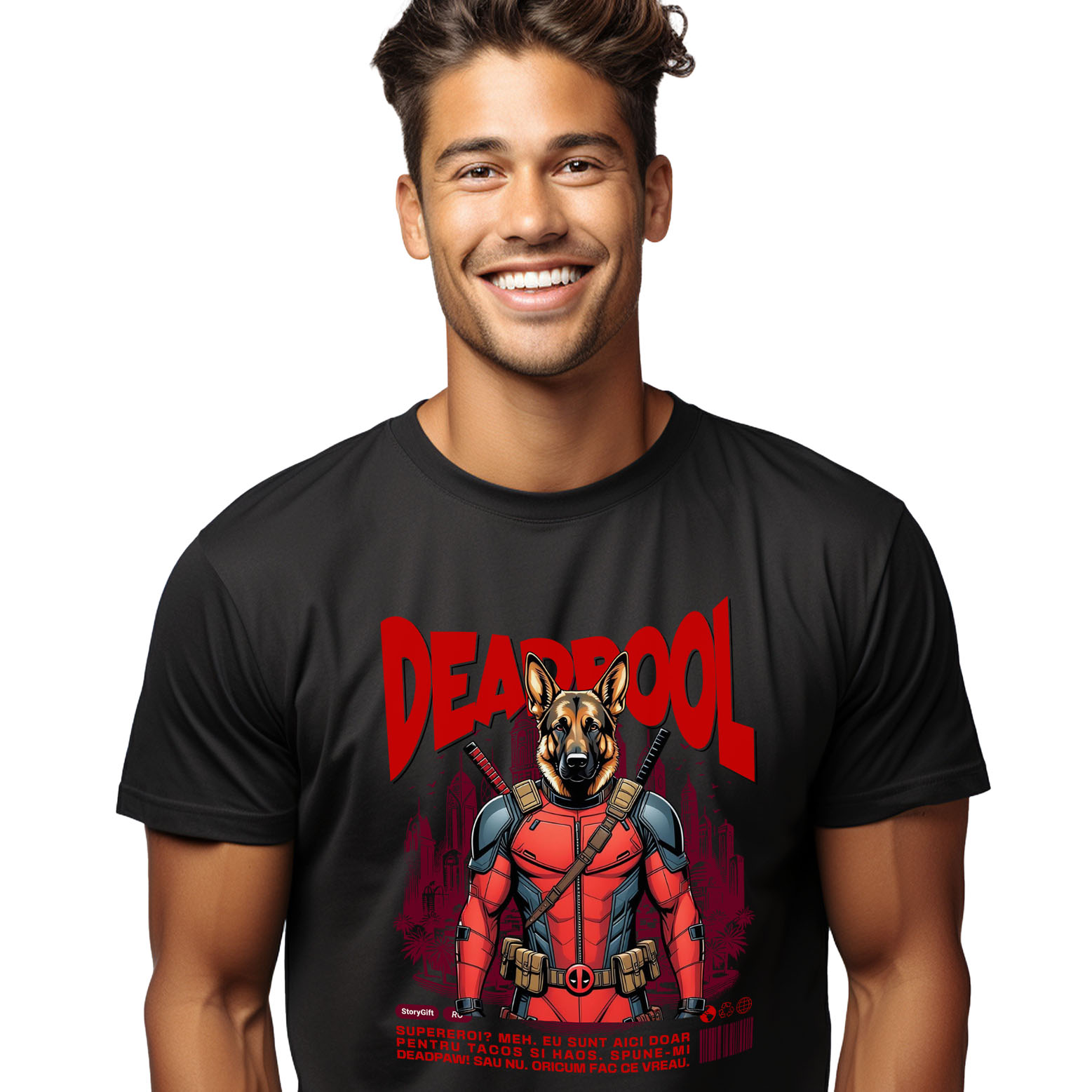 Tricou Femei, Barbati, Copii, Fata, Baiat, Unisex Personalizat Ciobănesc German în Costum Deadpool - Cadou Personalizat pentru Copii și Familie