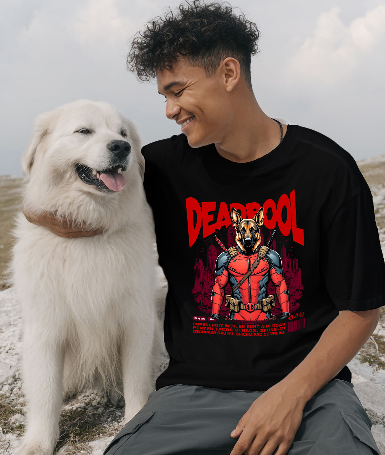 Tricou Femei, Barbati, Copii, Fata, Baiat, Unisex Personalizat Ciobănesc German în Costum Deadpool - Cadou Personalizat pentru Copii și Familie [1]