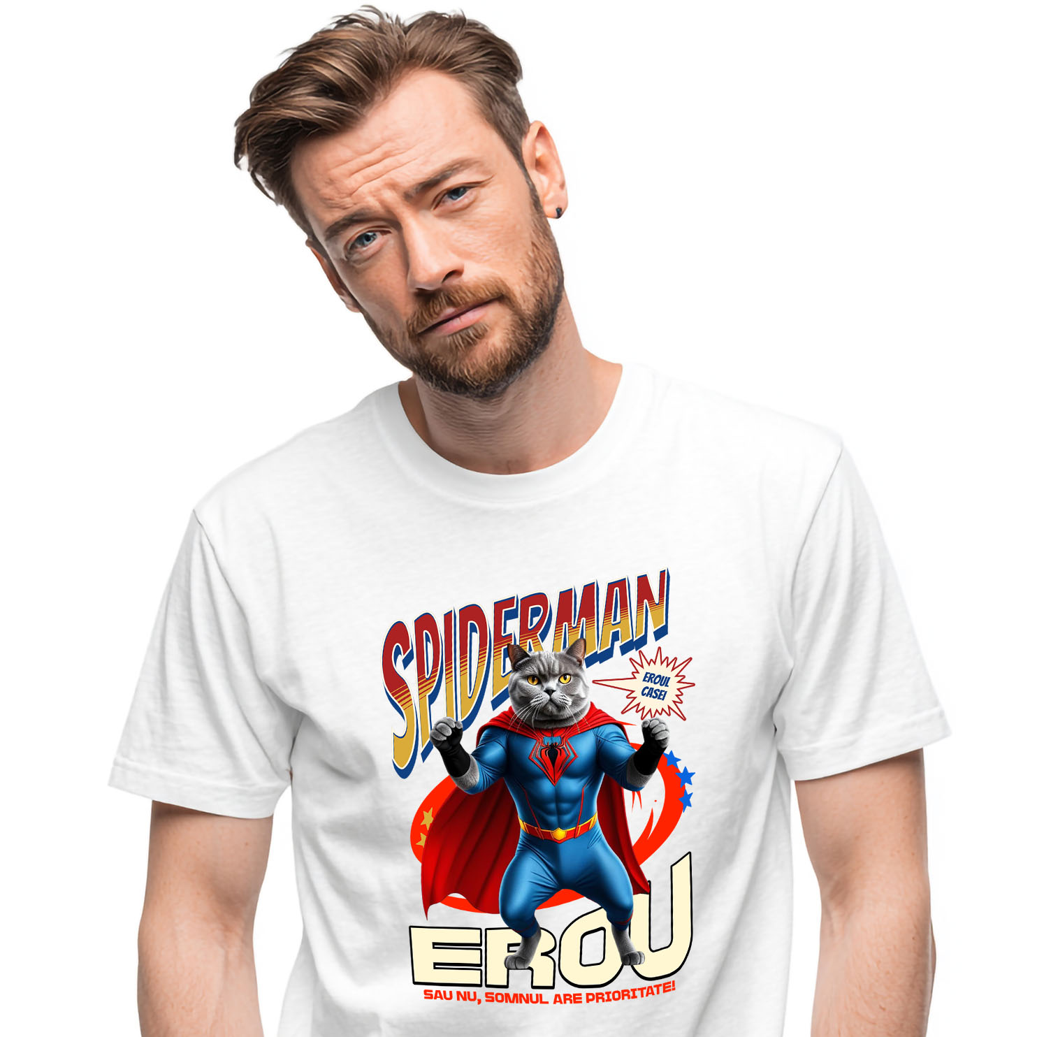 Tricou Femei, Barbati, Copii, Fata, Baiat, Unisex Personalizat British Shorthair în Costum Spider-Man - Cadou Personalizat pentru Copii și Familie