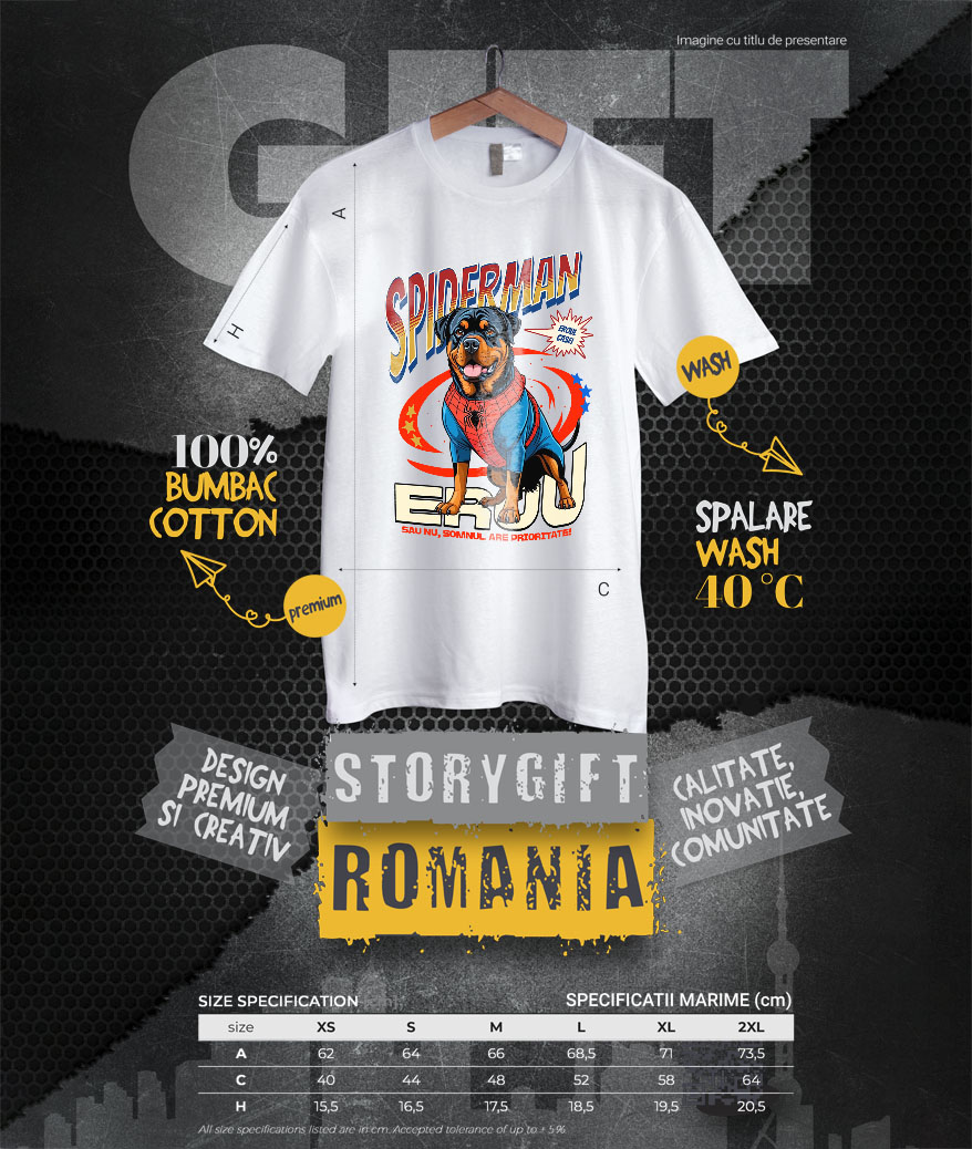 Tricou Femei, Barbati, Copii, Fata, Baiat, Unisex Personalizat Rottweiler în Costum Spider-Man - Cadou Personalizat pentru Copii și Familie [3]