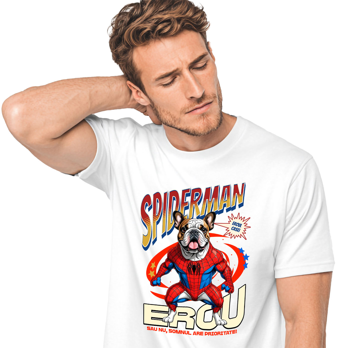 Tricou Femei, Barbati, Copii, Fata, Baiat, Unisex Personalizat Bulldog în Costum Spider-Man - Cadou Personalizat pentru Copii și Familie