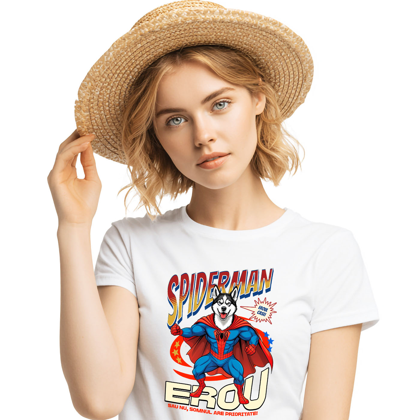 Tricou Femei, Barbati, Copii, Fata, Baiat, Unisex Personalizat Husky Siberian în Costum Spider-Man - Cadou Personalizat pentru Copii și Familie