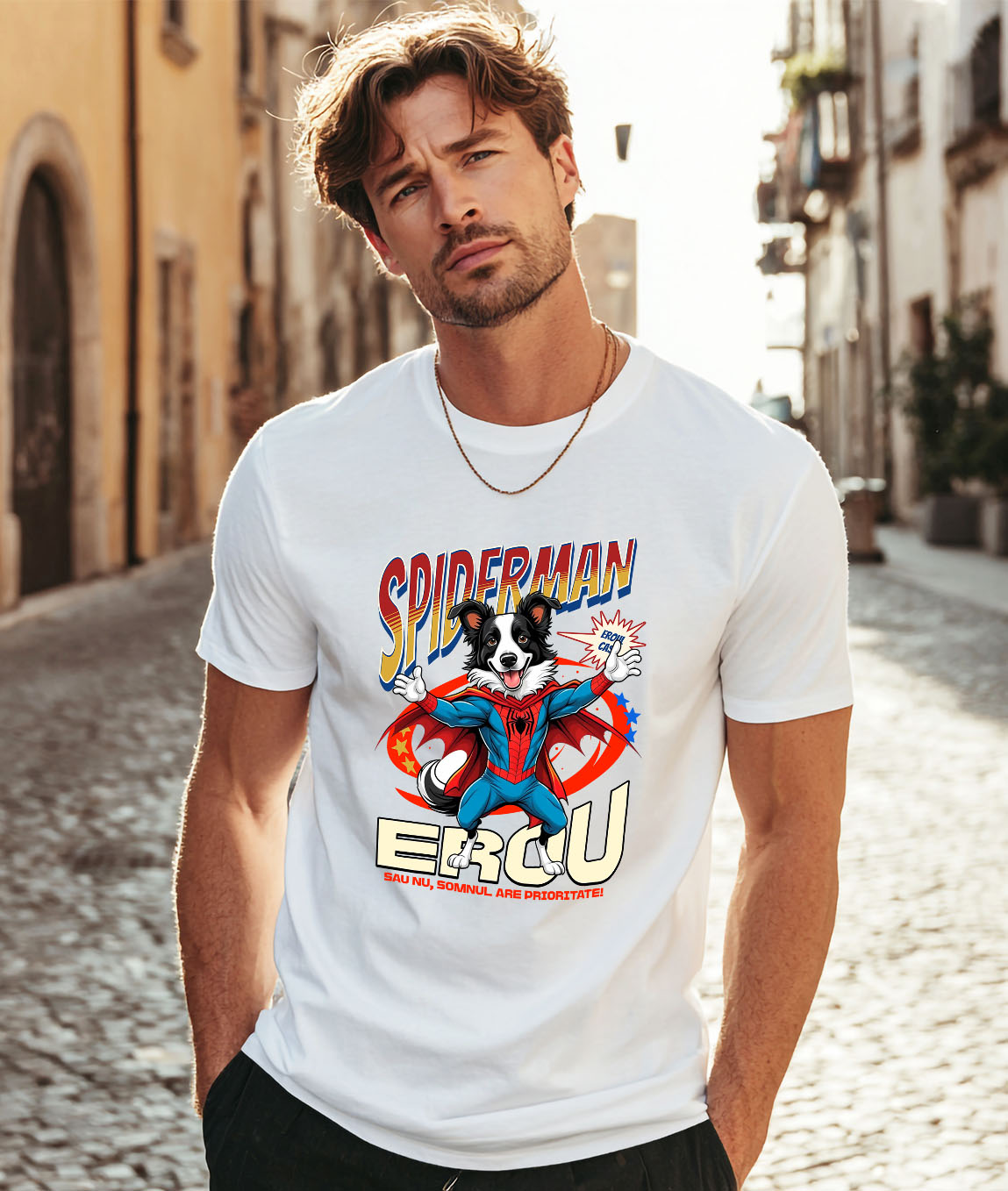Tricou Femei, Barbati, Copii, Fata, Baiat, Unisex Personalizat Border Collie în Costum Spider-Man - Cadou Personalizat pentru Copii și Familie [1]