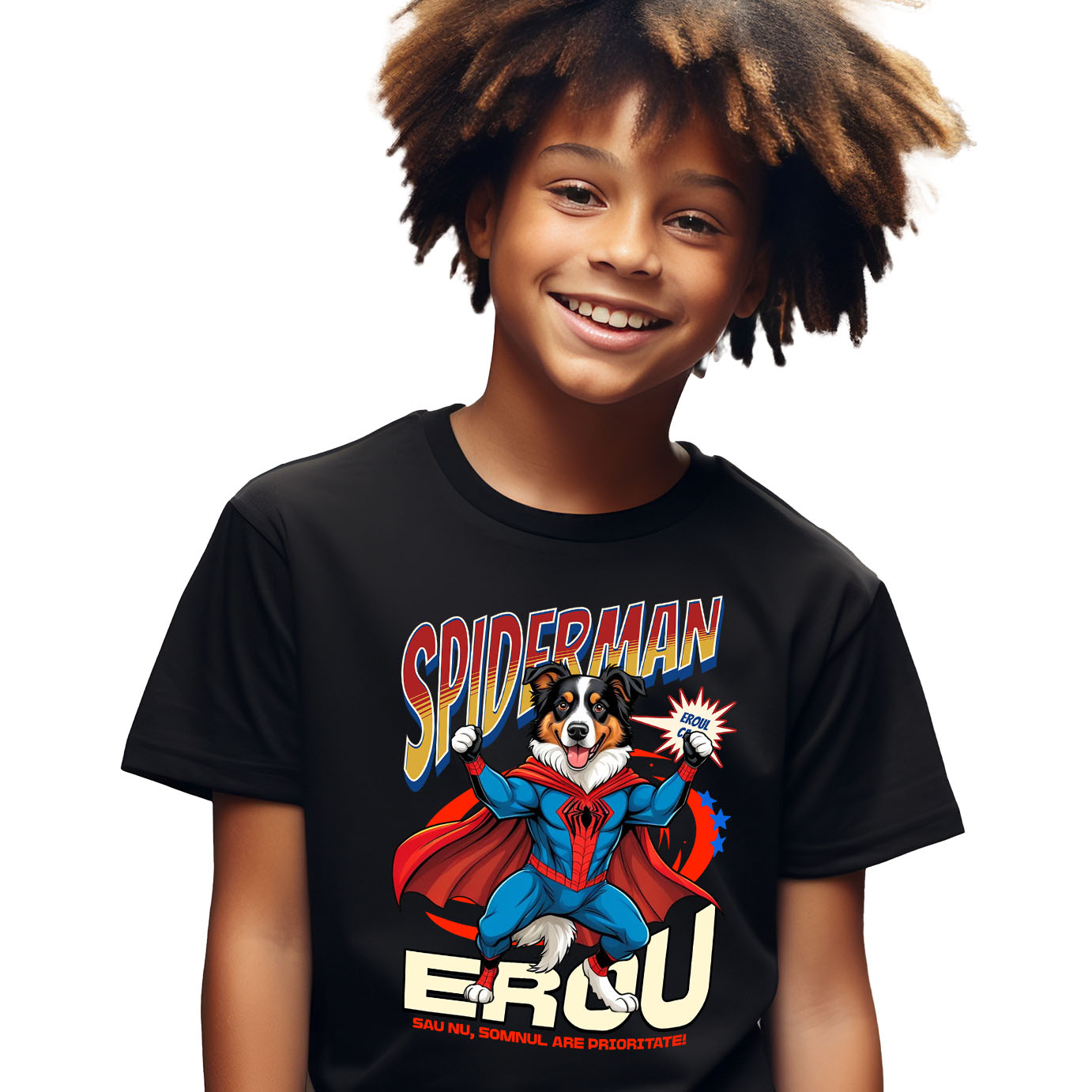 Tricou Femei, Barbati, Copii, Fata, Baiat, Unisex Personalizat Ciobănesc Australian în Costum Spider-Man - Cadou Personalizat pentru Copii și Familie