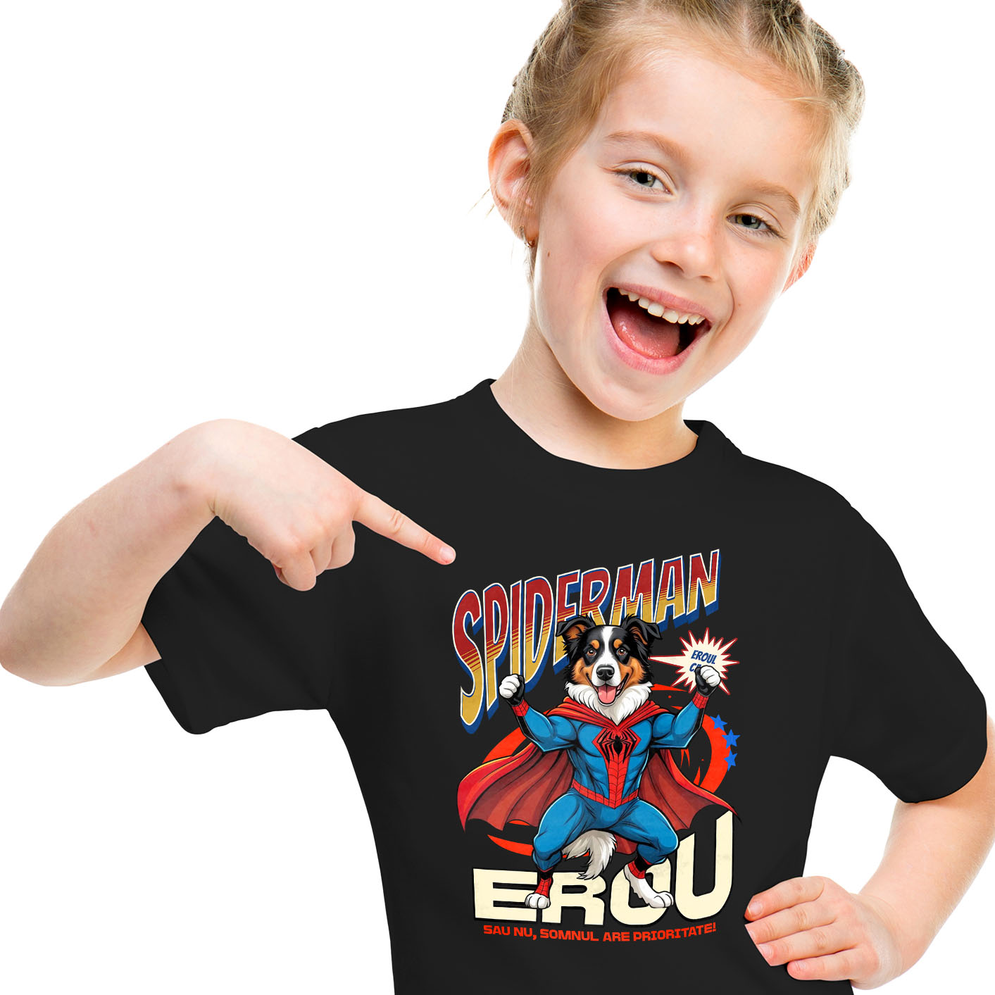 Tricou Femei, Barbati, Copii, Fata, Baiat, Unisex Personalizat Ciobănesc Australian în Costum Spider-Man - Cadou Personalizat pentru Copii și Familie [1]