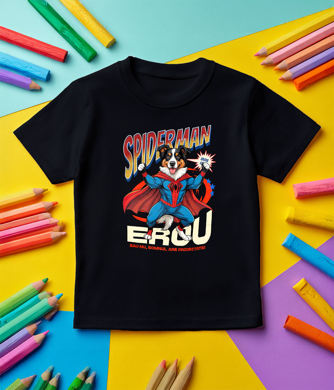 Tricou Femei, Barbati, Copii, Fata, Baiat, Unisex Personalizat Ciobănesc Australian în Costum Spider-Man - Cadou Personalizat pentru Copii și Familie [4]