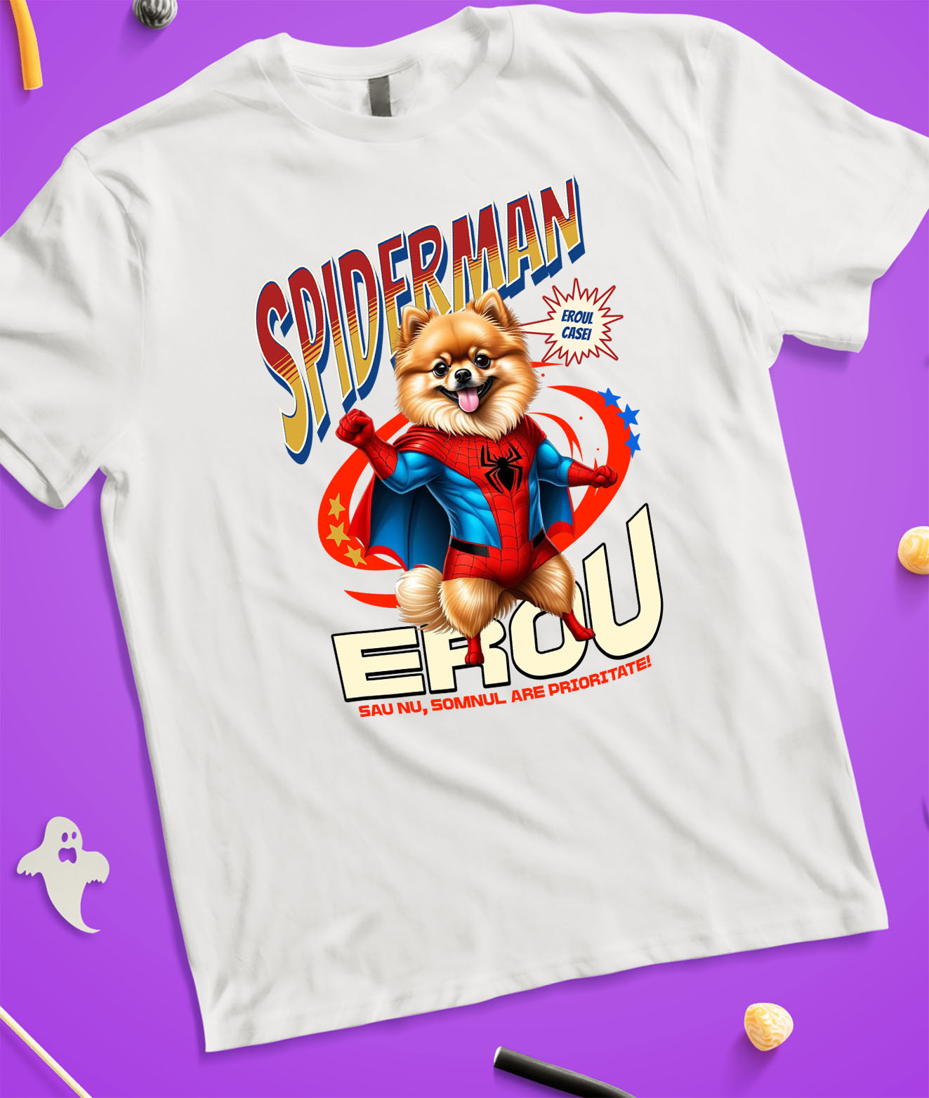 Tricou Femei, Barbati, Copii, Fata, Baiat, Unisex Personalizat Pomeranian în Costum Spider-Man - Cadou Personalizat pentru Copii și Familie [2]