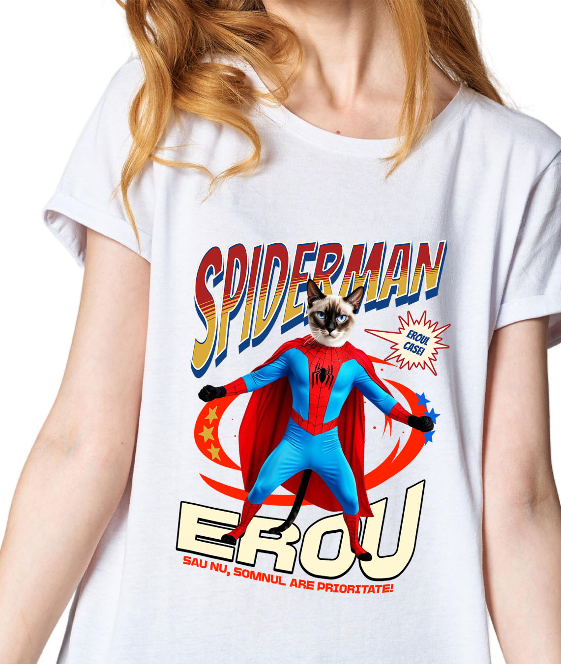 Tricou Femei, Barbati, Copii, Fata, Baiat, Unisex Personalizat Pisică Siameză în Costum Spider-Man - Cadou Personalizat pentru Iubitorii de Pisici și Copii [1]
