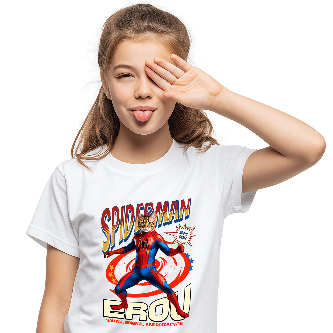 Tricou Femei, Barbati, Copii, Fata, Baiat, Unisex Personalizat Pisică Bengal în Costum Spider-Man cu Pelerină - Cadou Personalizat pentru Iubitorii de Pisici și Copii