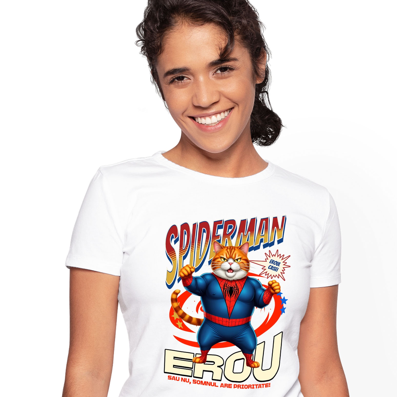 Tricou Femei, Barbati, Copii, Fata, Baiat, Unisex Personalizat Pisică Grasă în Costum Spider-Man cu Pelerină - Cadou Personalizat pentru Iubitorii de Pisici și Copii