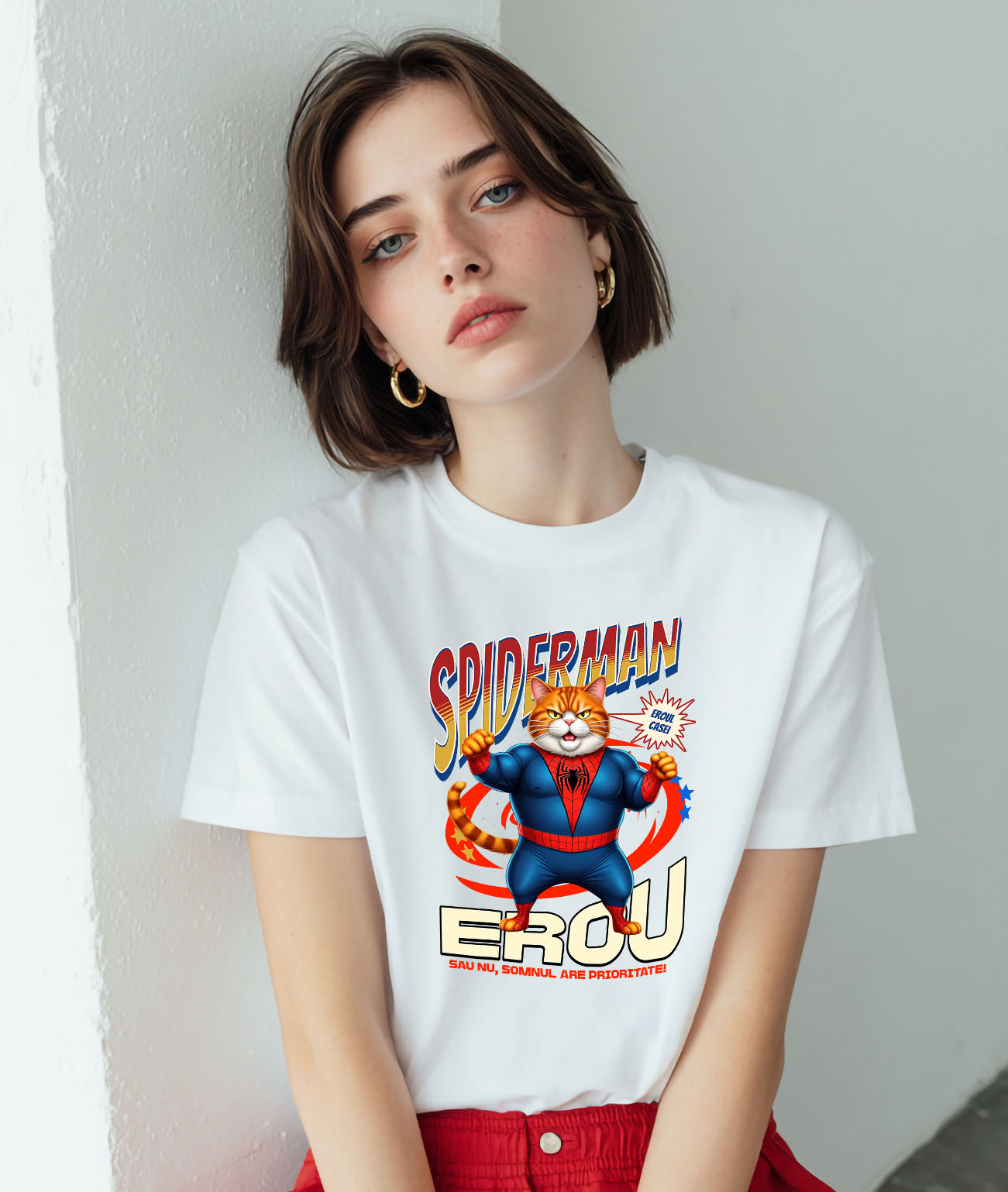 Tricou Femei, Barbati, Copii, Fata, Baiat, Unisex Personalizat Pisică Grasă în Costum Spider-Man cu Pelerină - Cadou Personalizat pentru Iubitorii de Pisici și Copii [1]